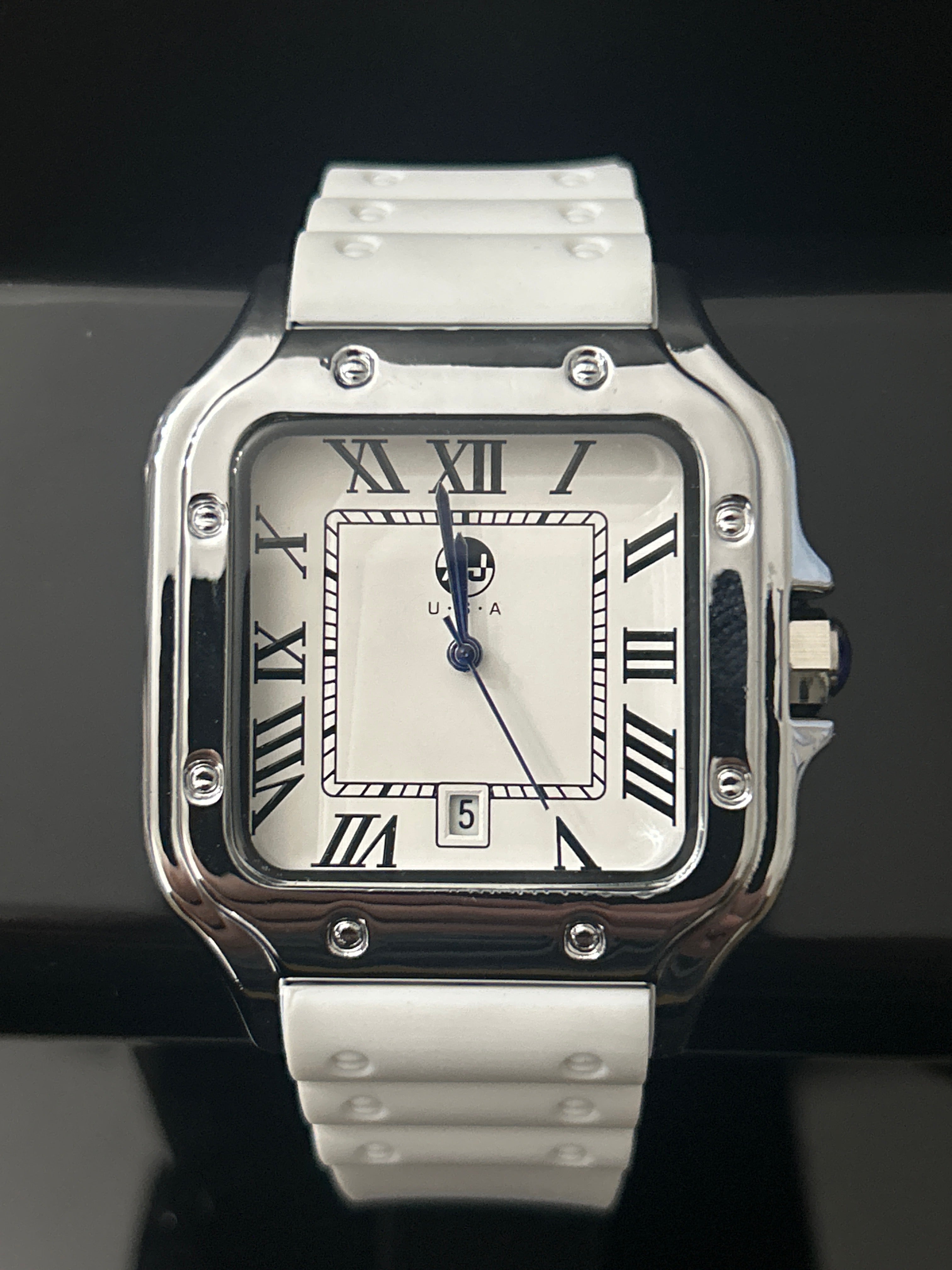 38mm Silver Cartier Style Blue Hands White Face