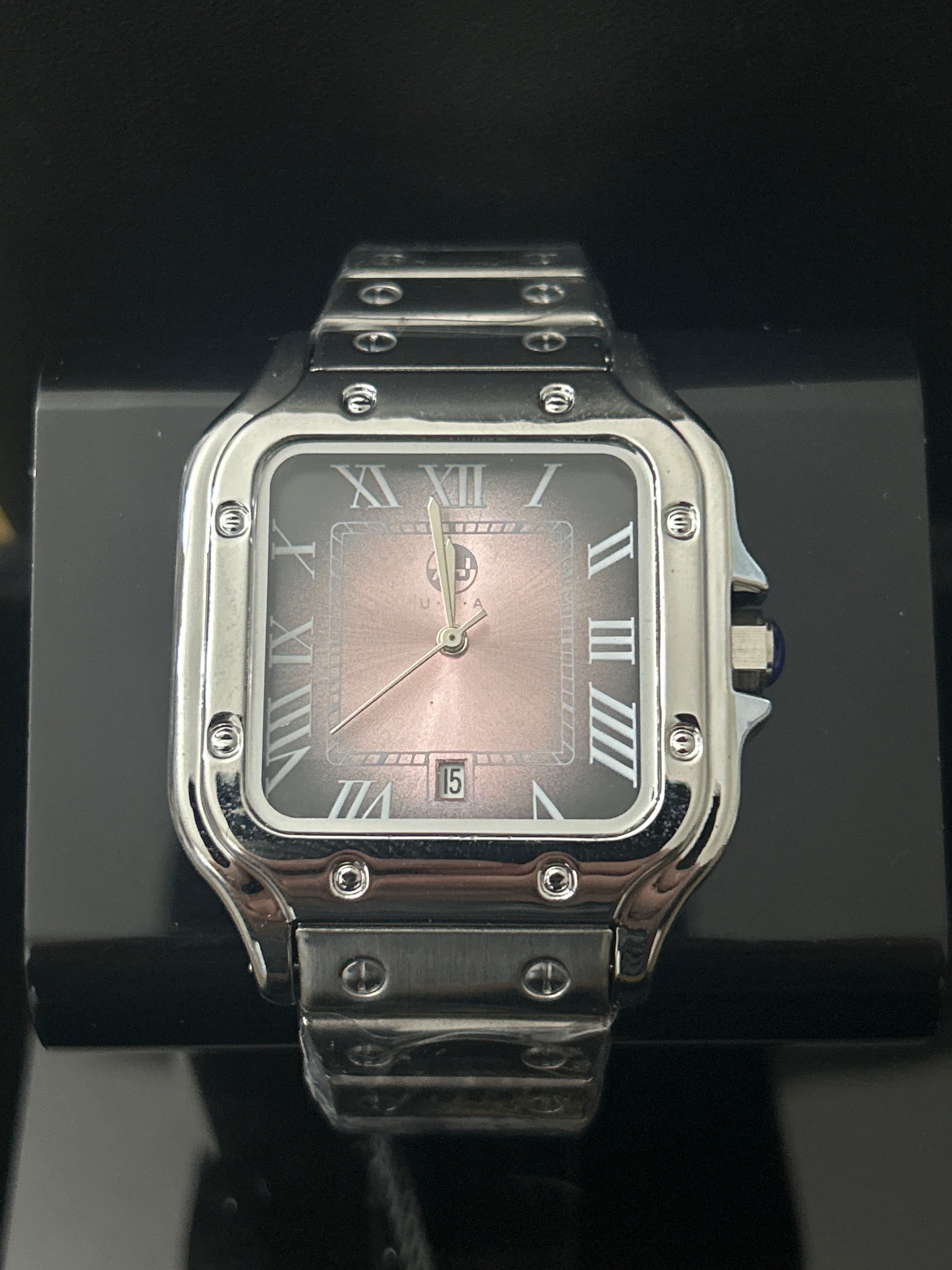 38mm Silver Square Cartier Style Pink/Black Face