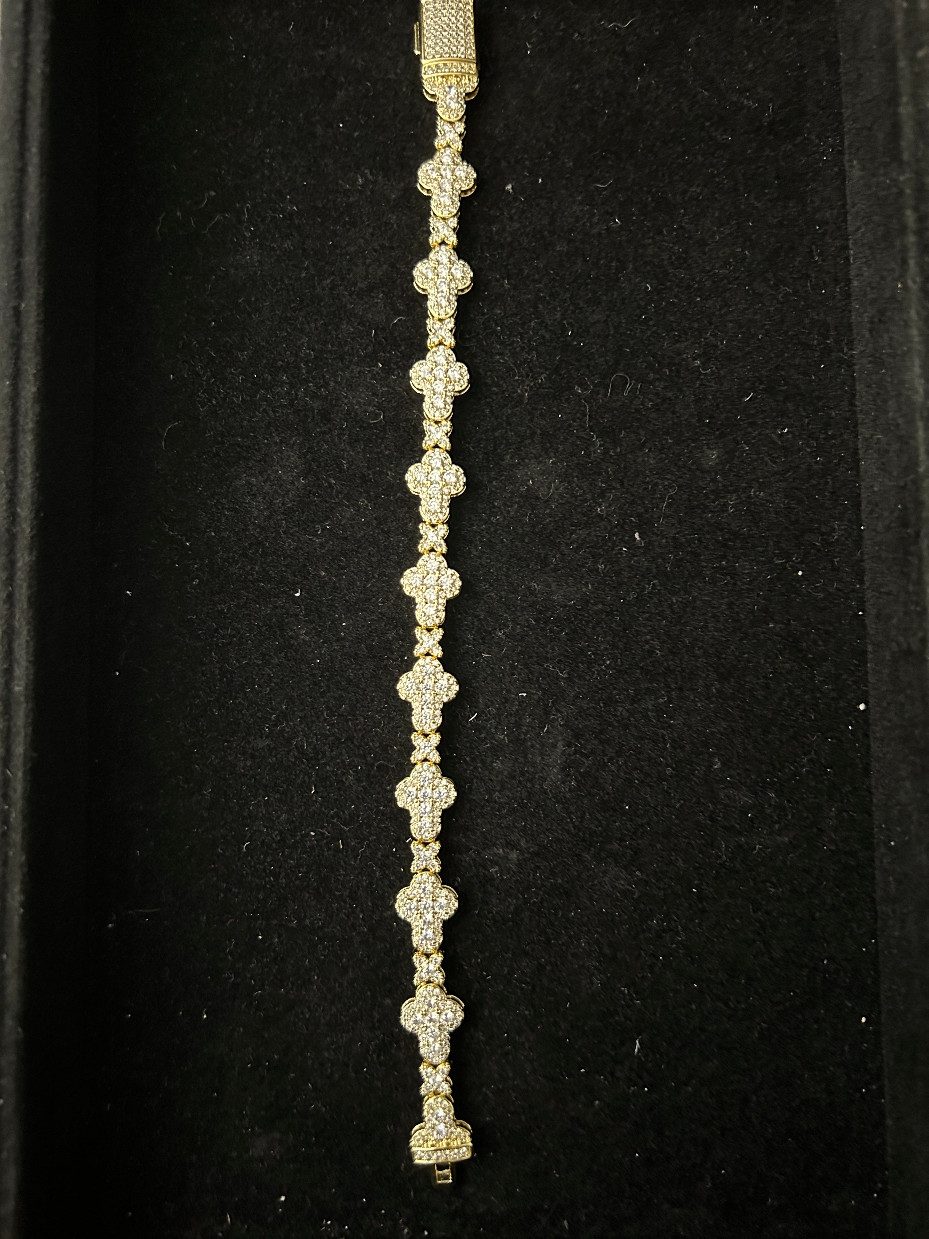 B71 - 14K Gold Iced Out VVS CZ 7.5 Inch Cross Bracelet