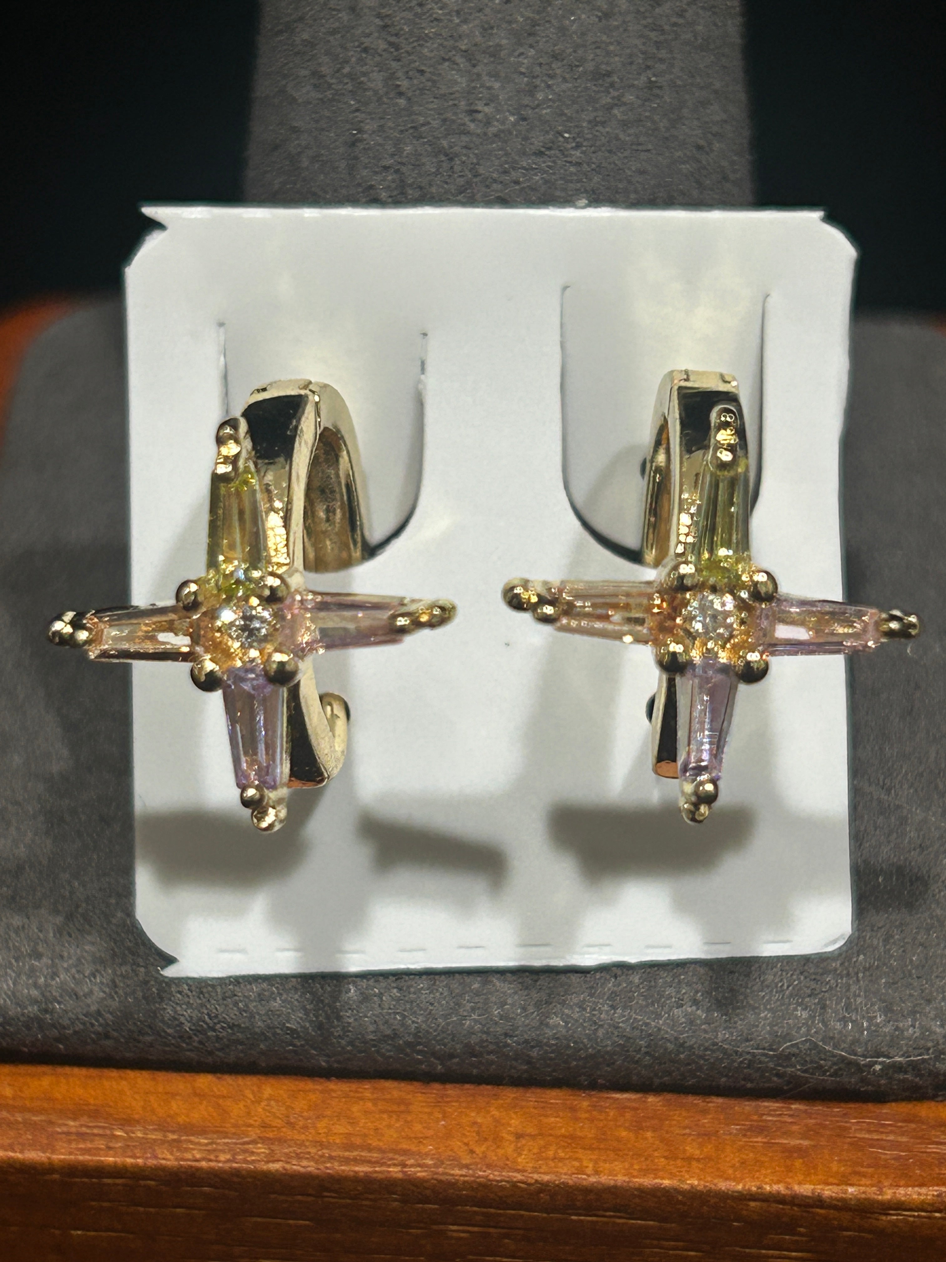 E40 - 14K Gold Multi Color VVS CZ Cross Hoops