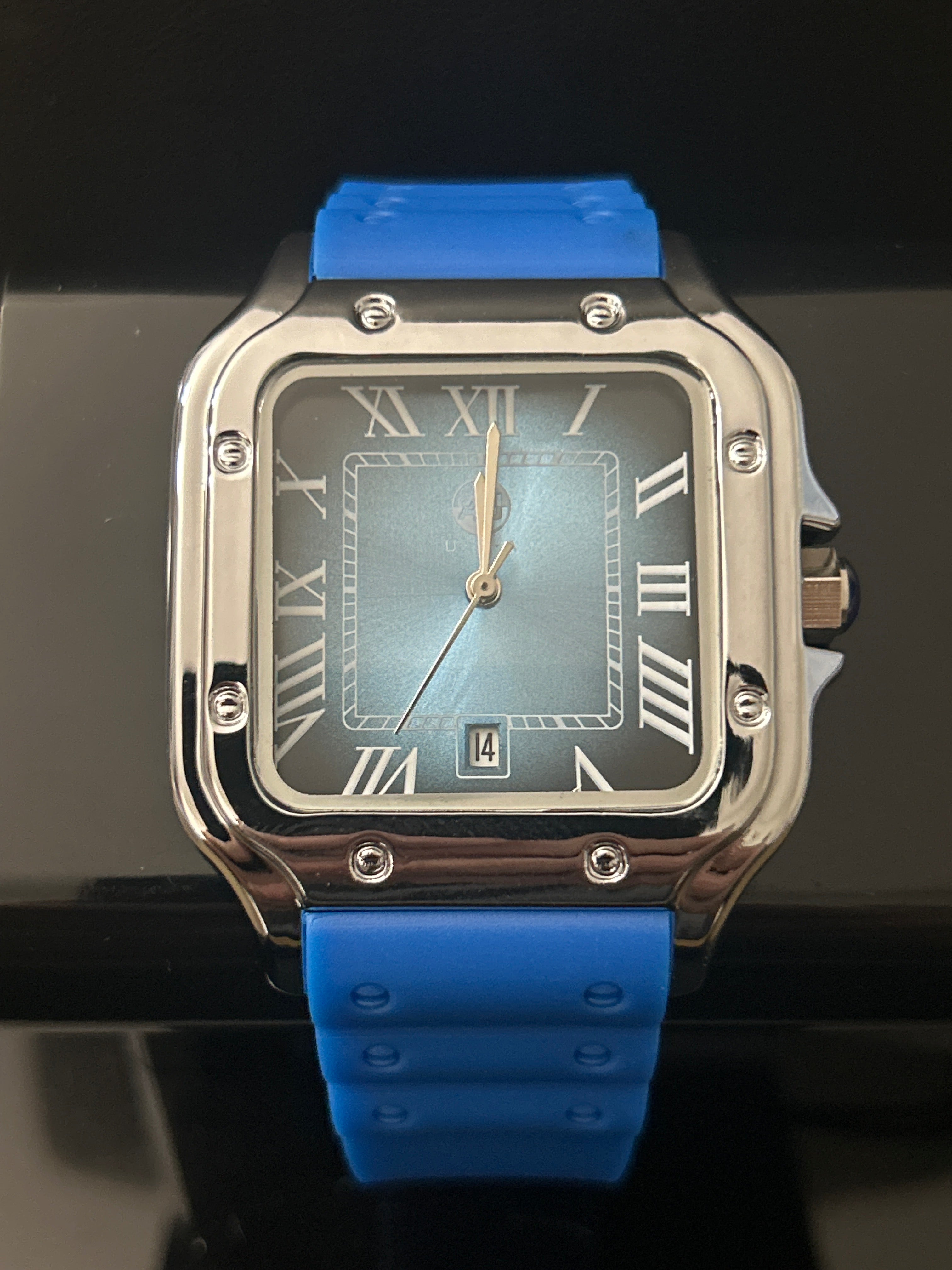 38mm Square Blue/Black Face Blue Rubber Cartier Style