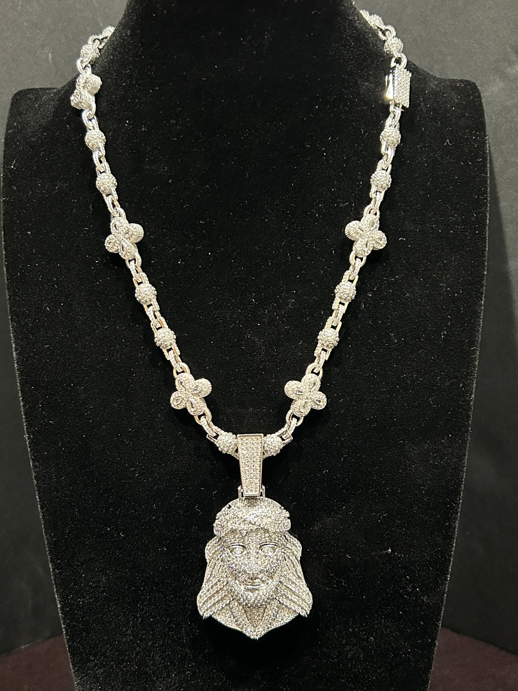 14K White Gold Combo 20 Inch Clovers Iced Out VVS CZ W/Jesus Head