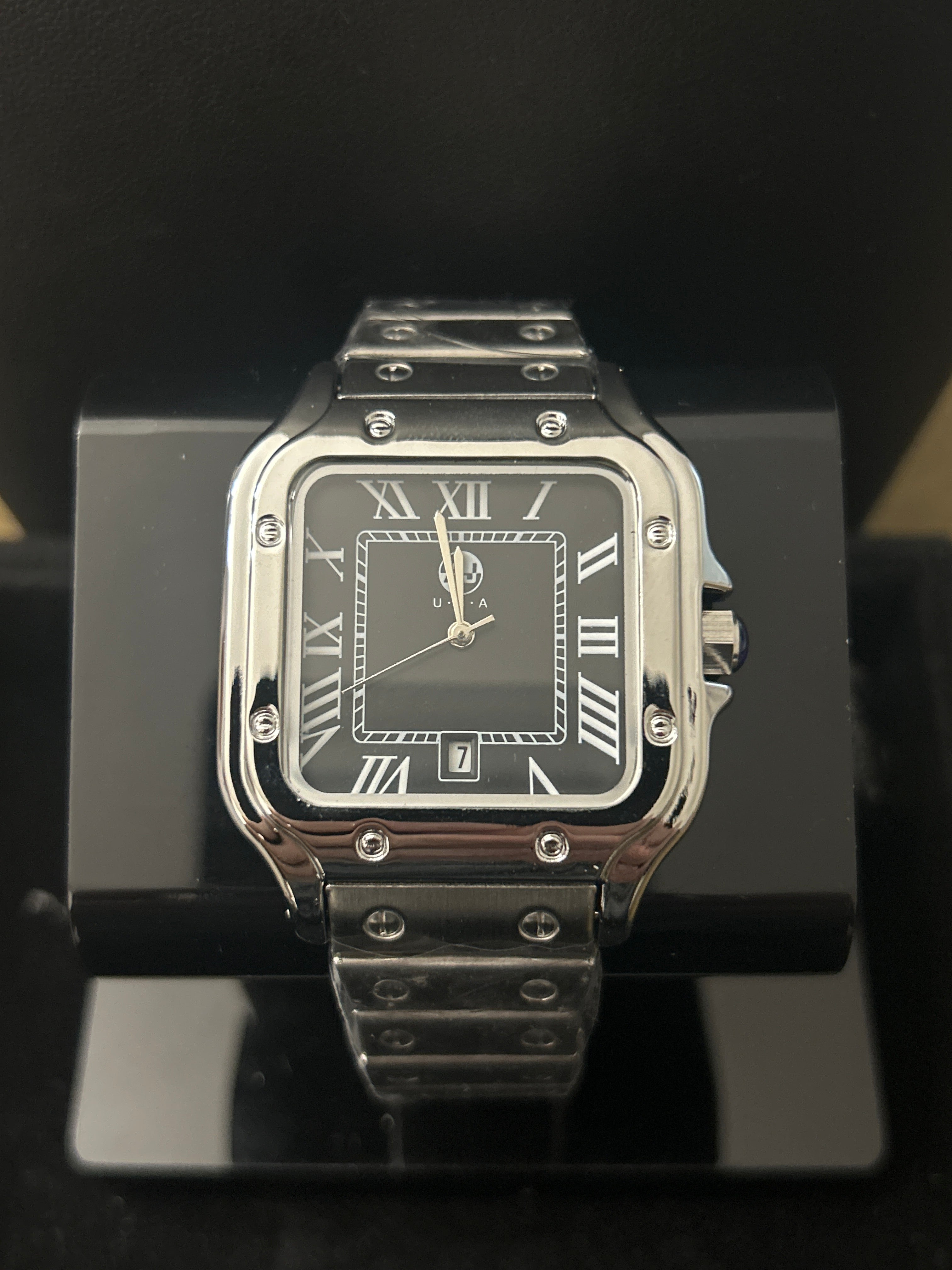 38mm Silver Cartier Style Black Face Square