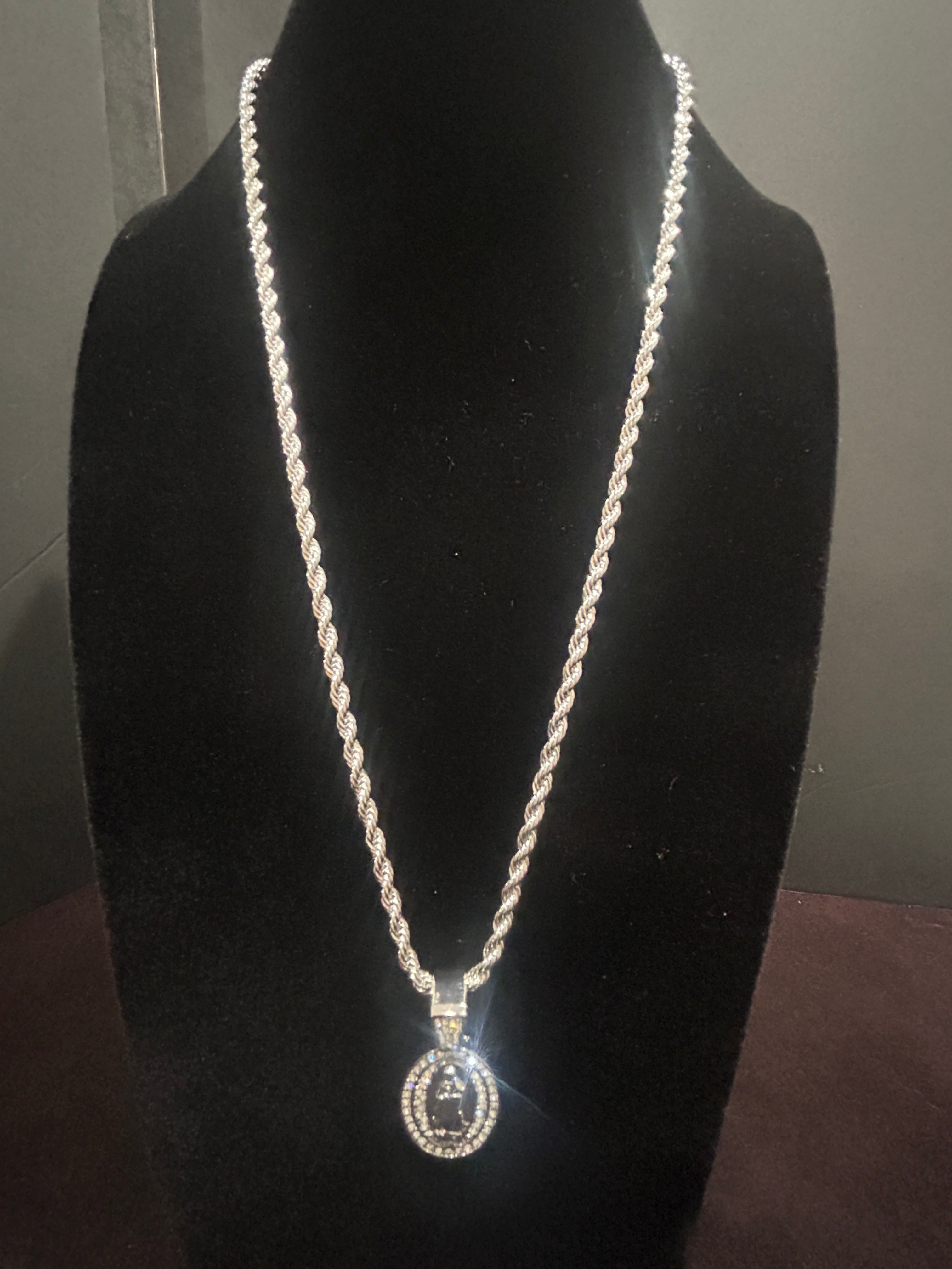 C39 - 14K White Gold Plated Stainless Steel 24 Inch Rope Combo W/ Mary Charm VVS CZ