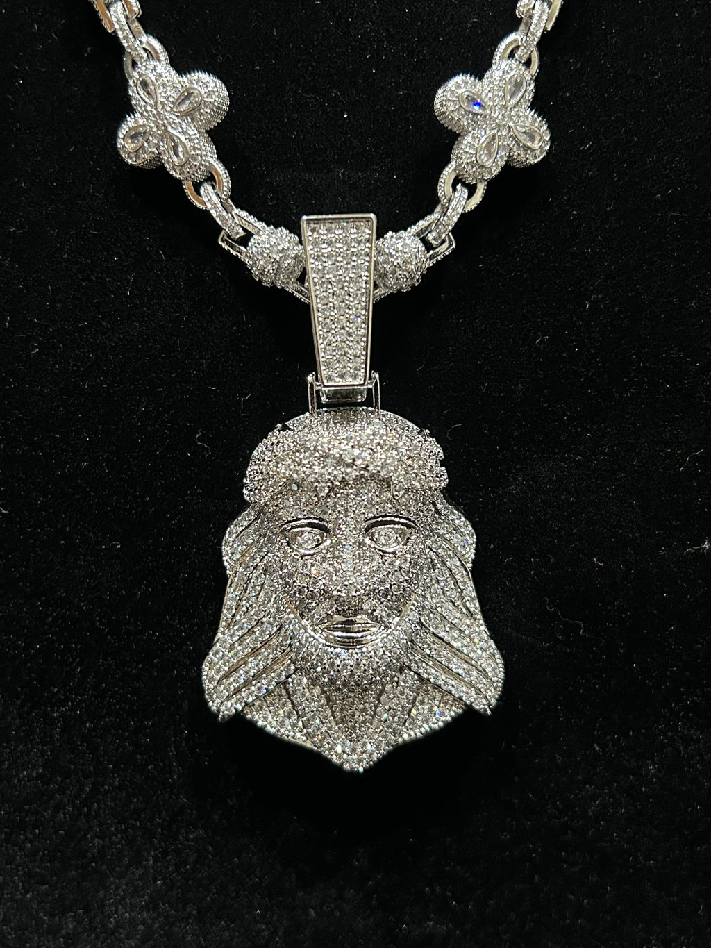 14K White Gold Combo 20 Inch Clovers Iced Out VVS CZ W/Jesus Head