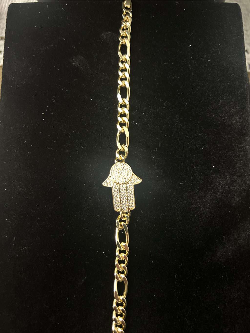 B80 - 14k Gold 8 Inch VVS CZ Figaro Hamsa