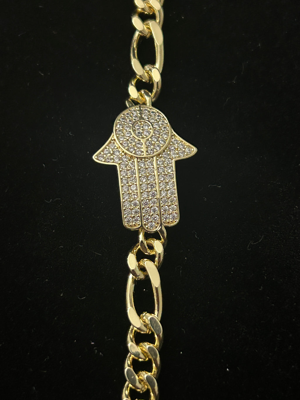B80 - 14k Gold 8 Inch VVS CZ Figaro Hamsa