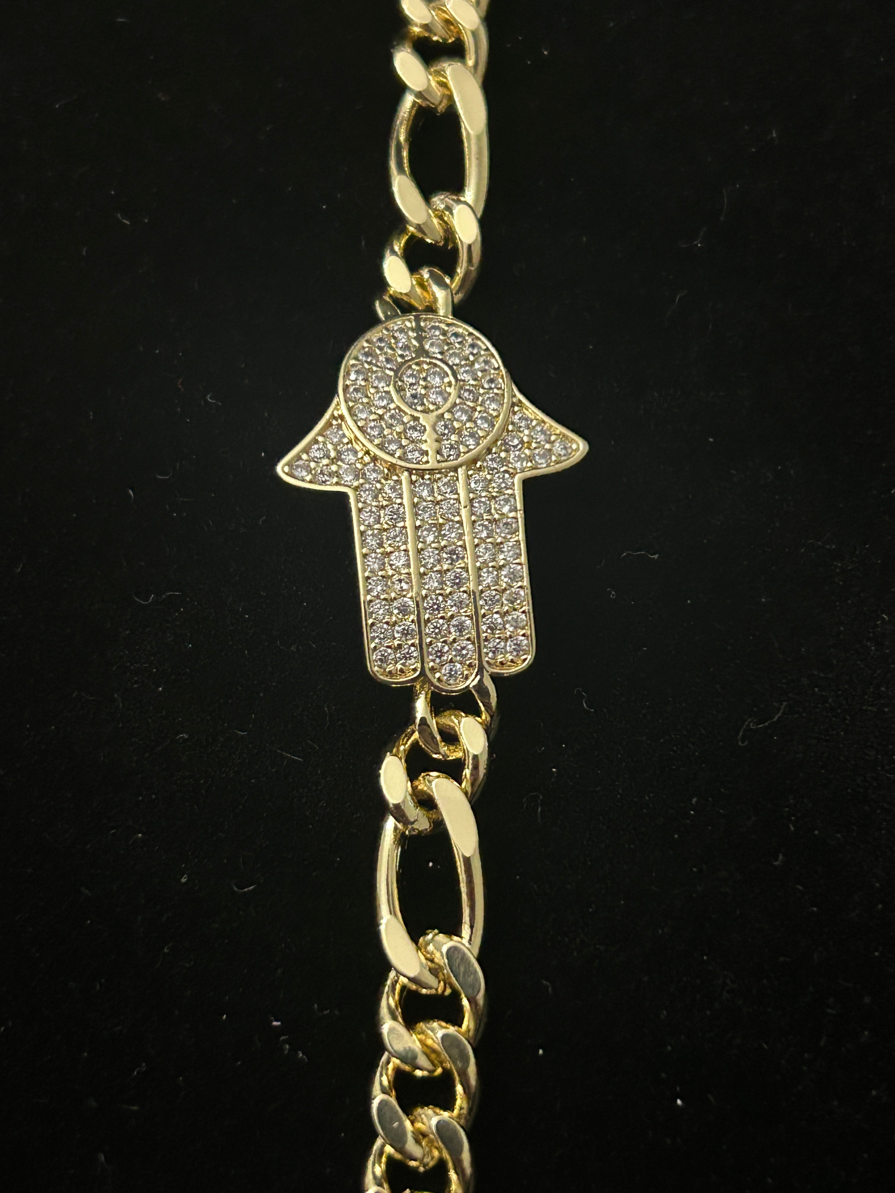 B80 - 14k Gold 8 Inch VVS CZ Figaro Hamsa