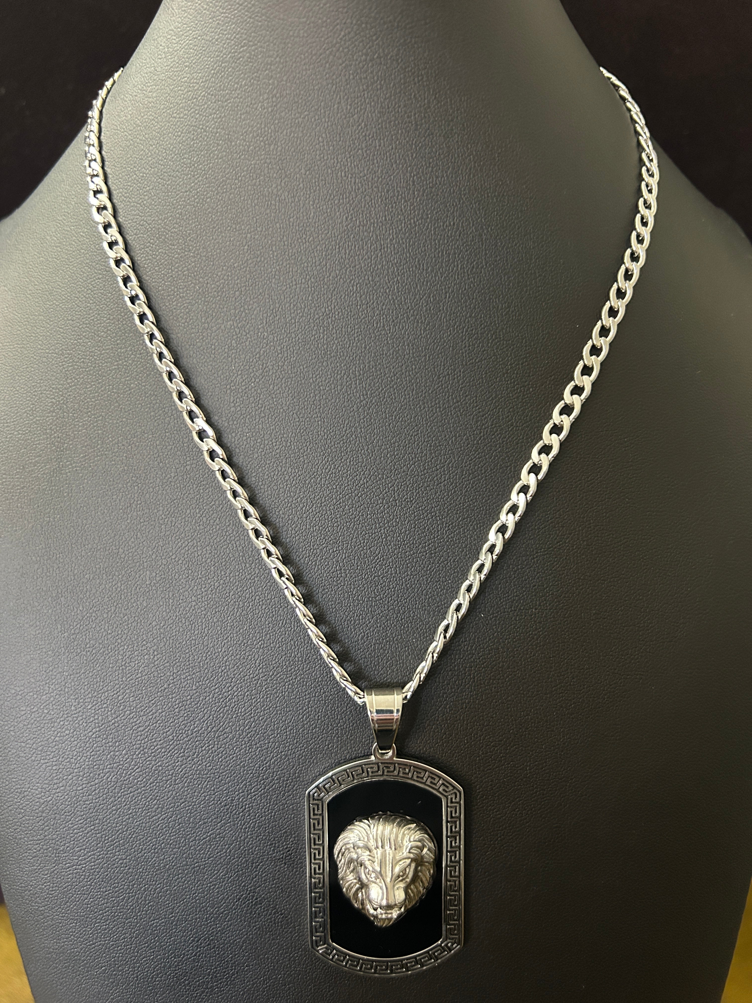 C82 - 14k White Gold 18Inch Cuban 4mm W/ Stainless VVS CZ Versace Style Lion