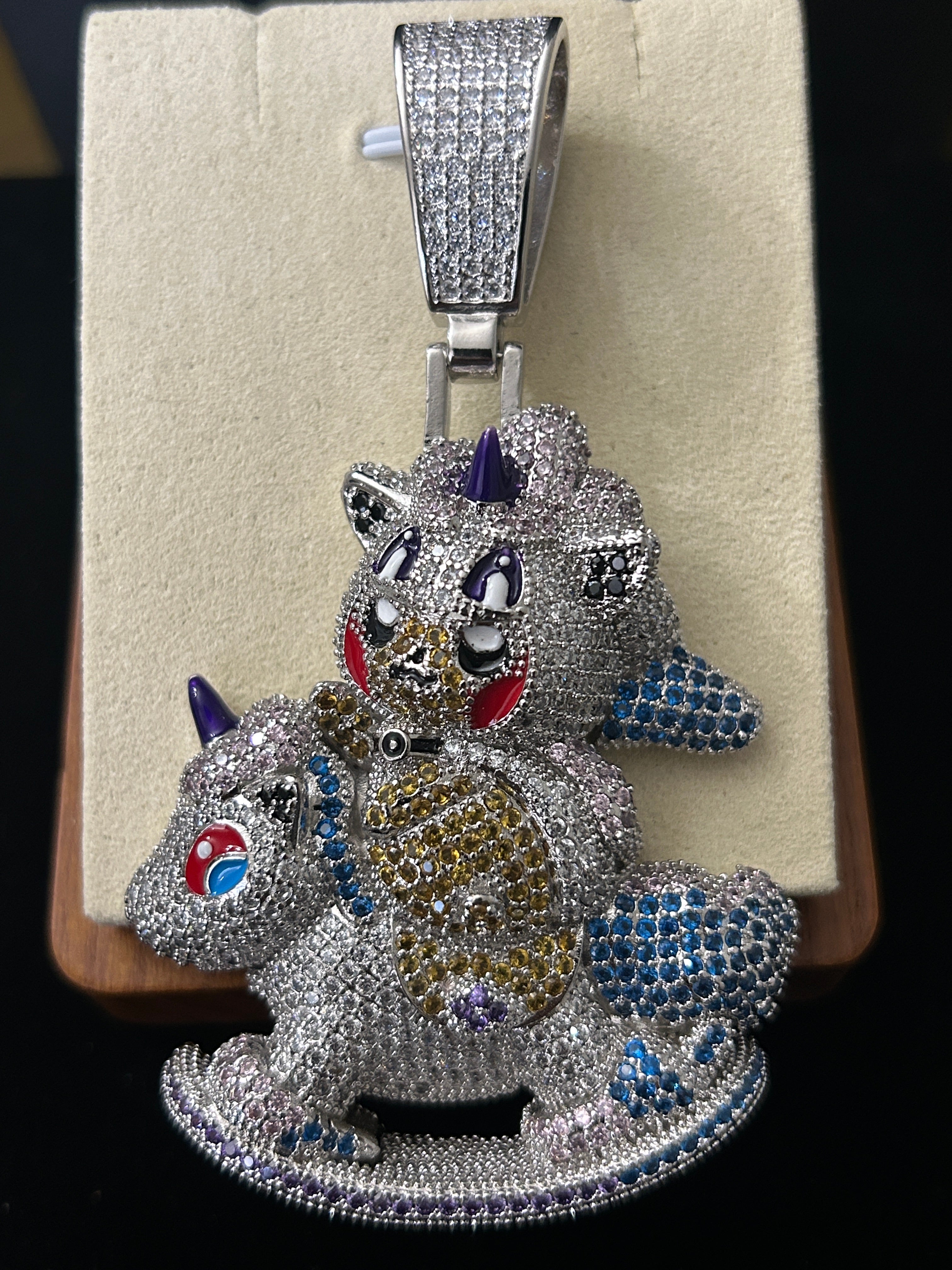 P73 - 14k White Gold VVS CZ Multi Color Stones Panda On Rocking Horse