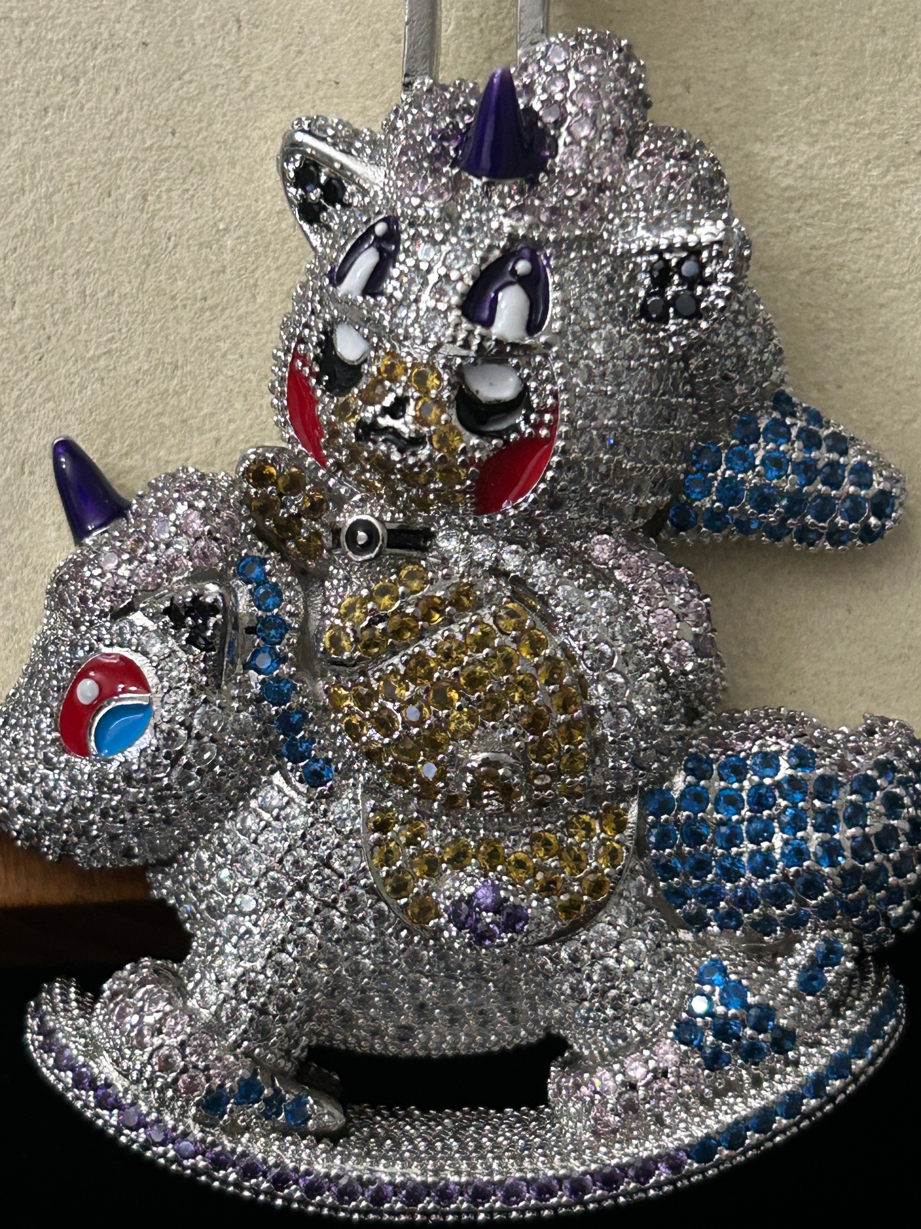 P73 - 14k White Gold VVS CZ Multi Color Stones Panda On Rocking Horse