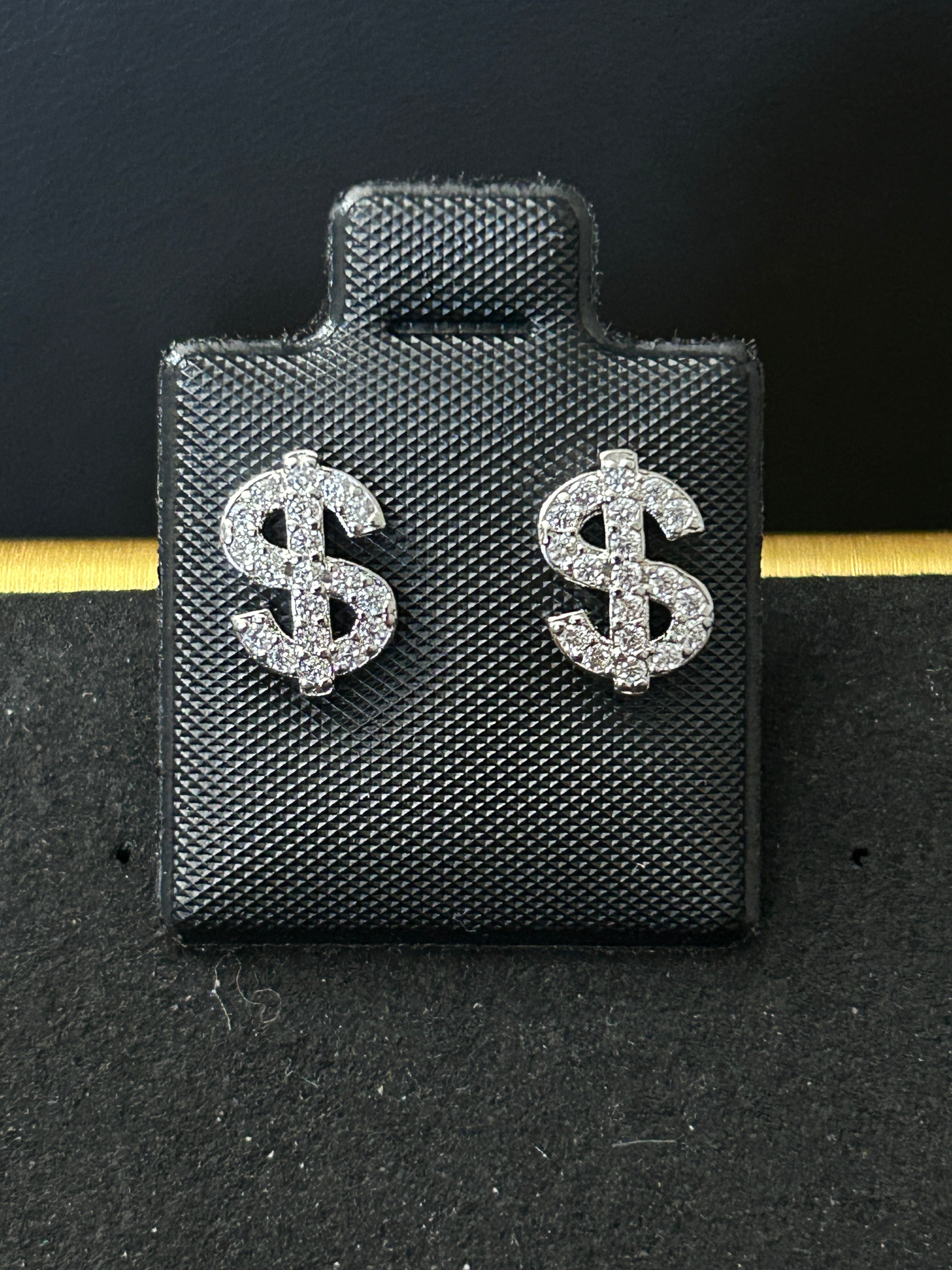 E89 - 14k White Gold VVS CZ Dollar Signs Studs