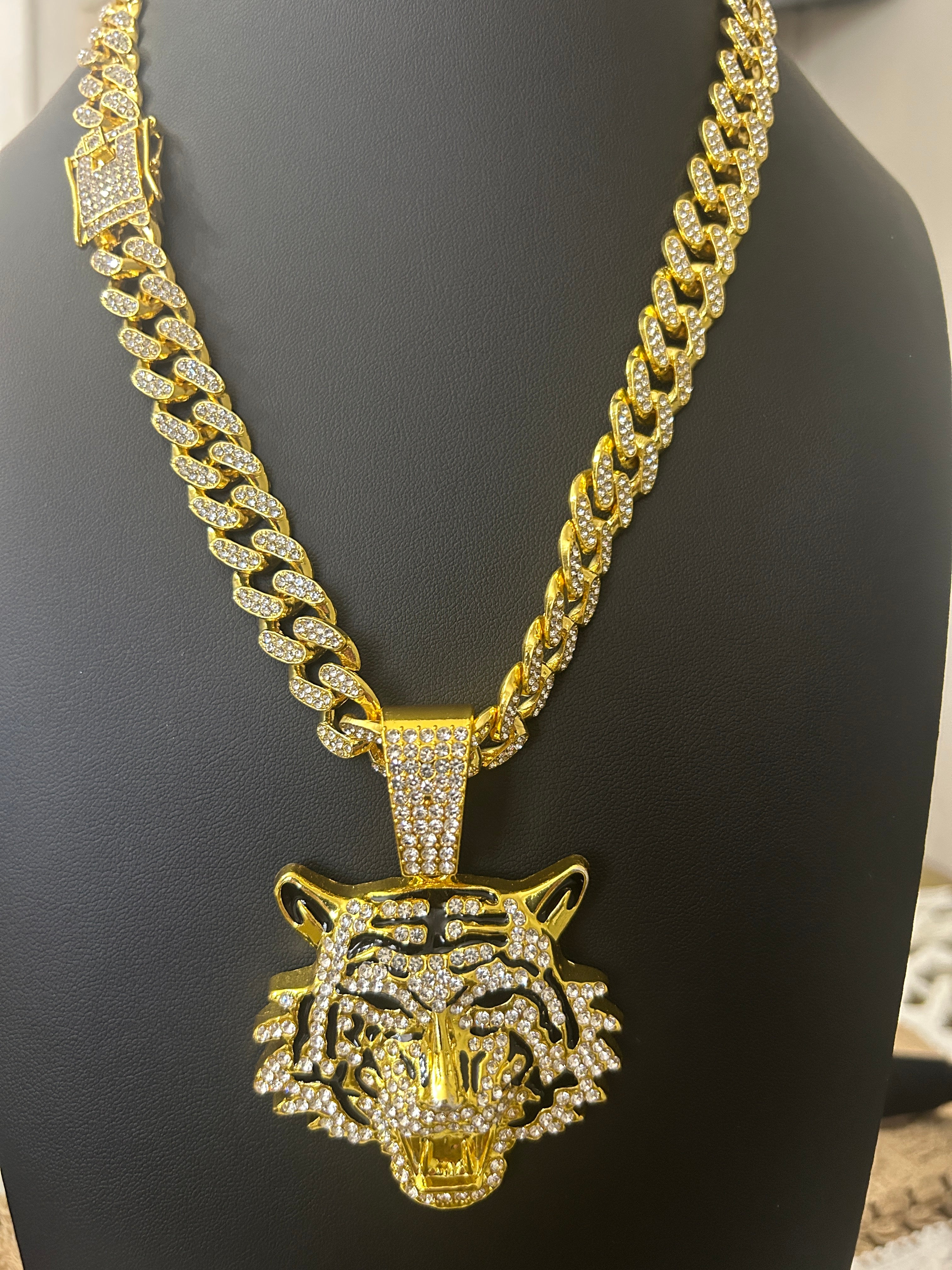 20 Inch Gold Iced Out VVS CZ Cuban W/ Iced Out VVS CZ Tiger Pendant