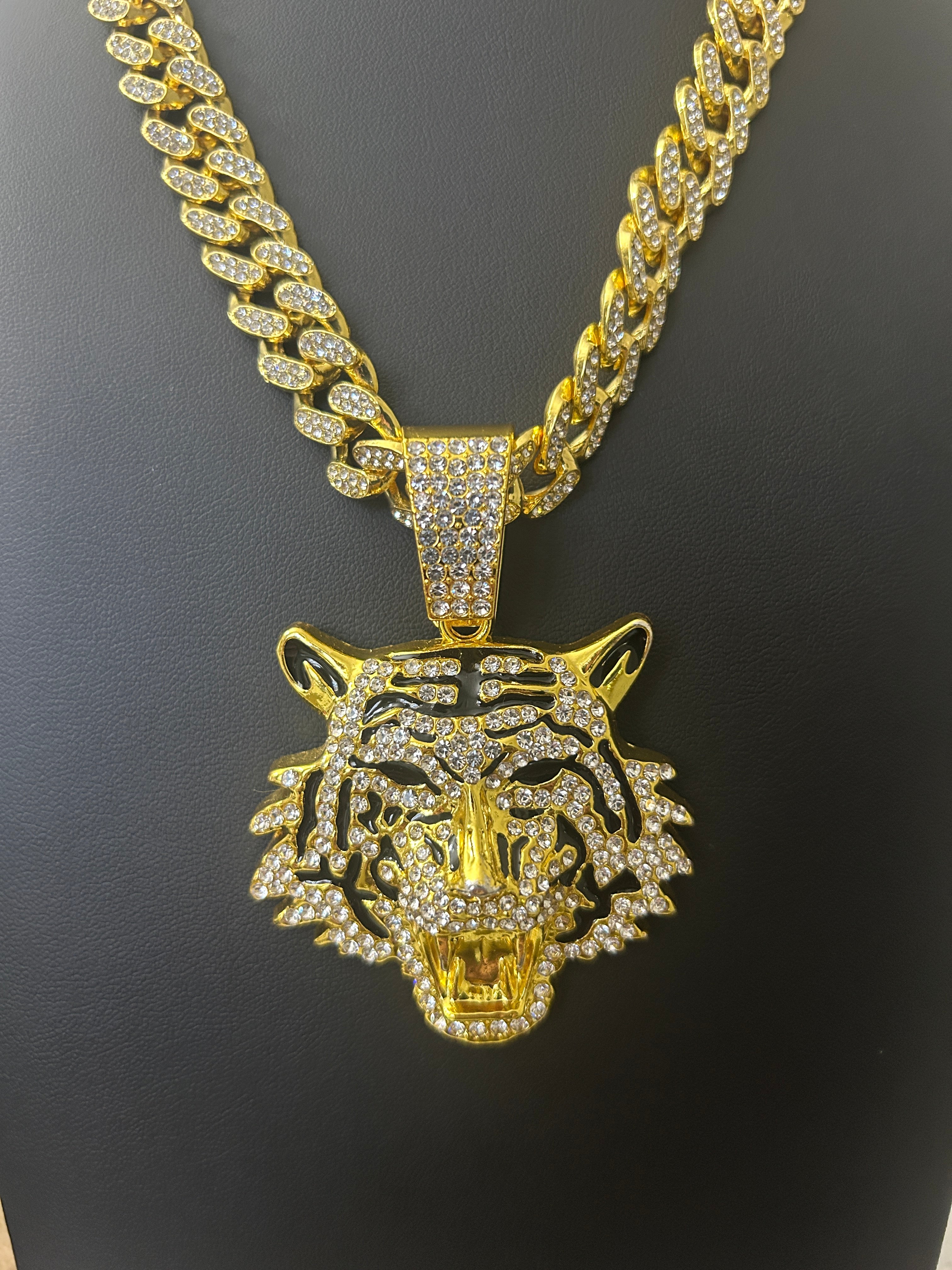 20 Inch Gold Iced Out VVS CZ Cuban W/ Iced Out VVS CZ Tiger Pendant