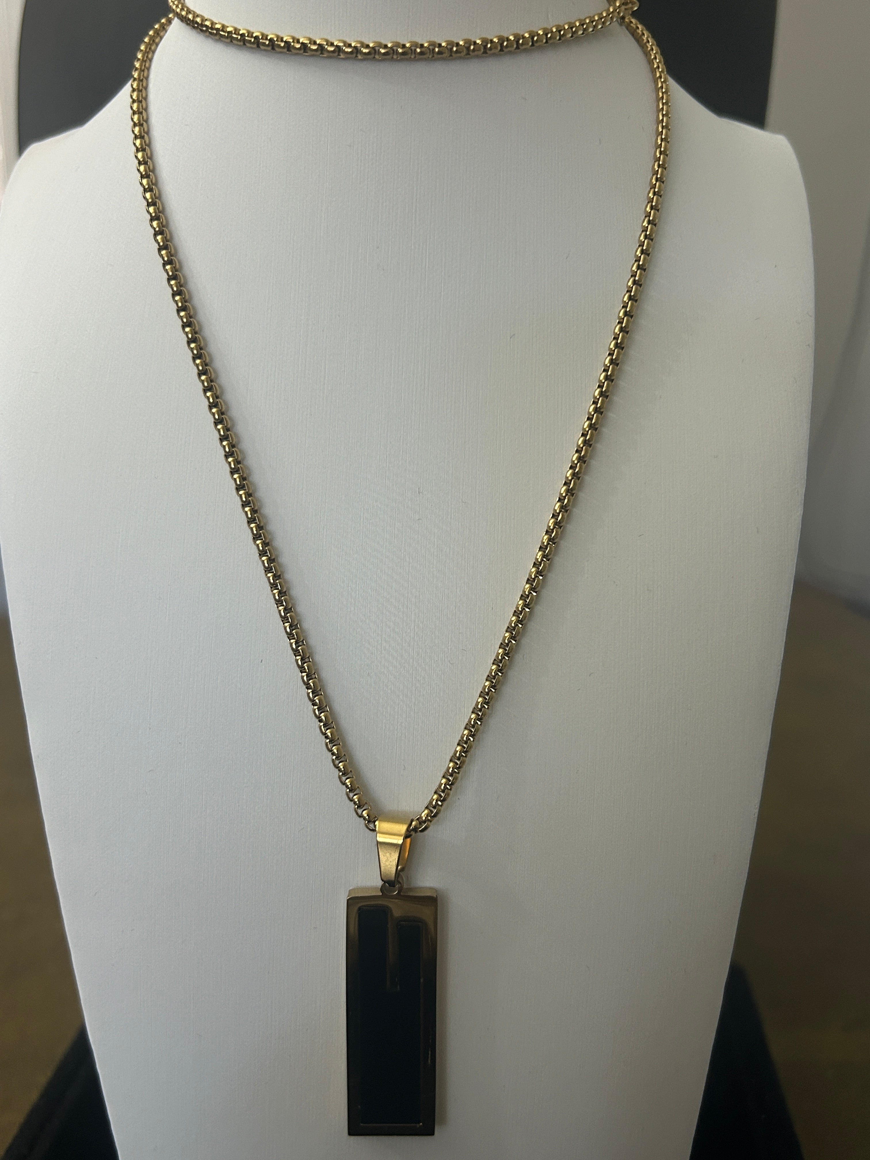 24 Inch Gold Box Chain W/ Small Gold/Black Pendant