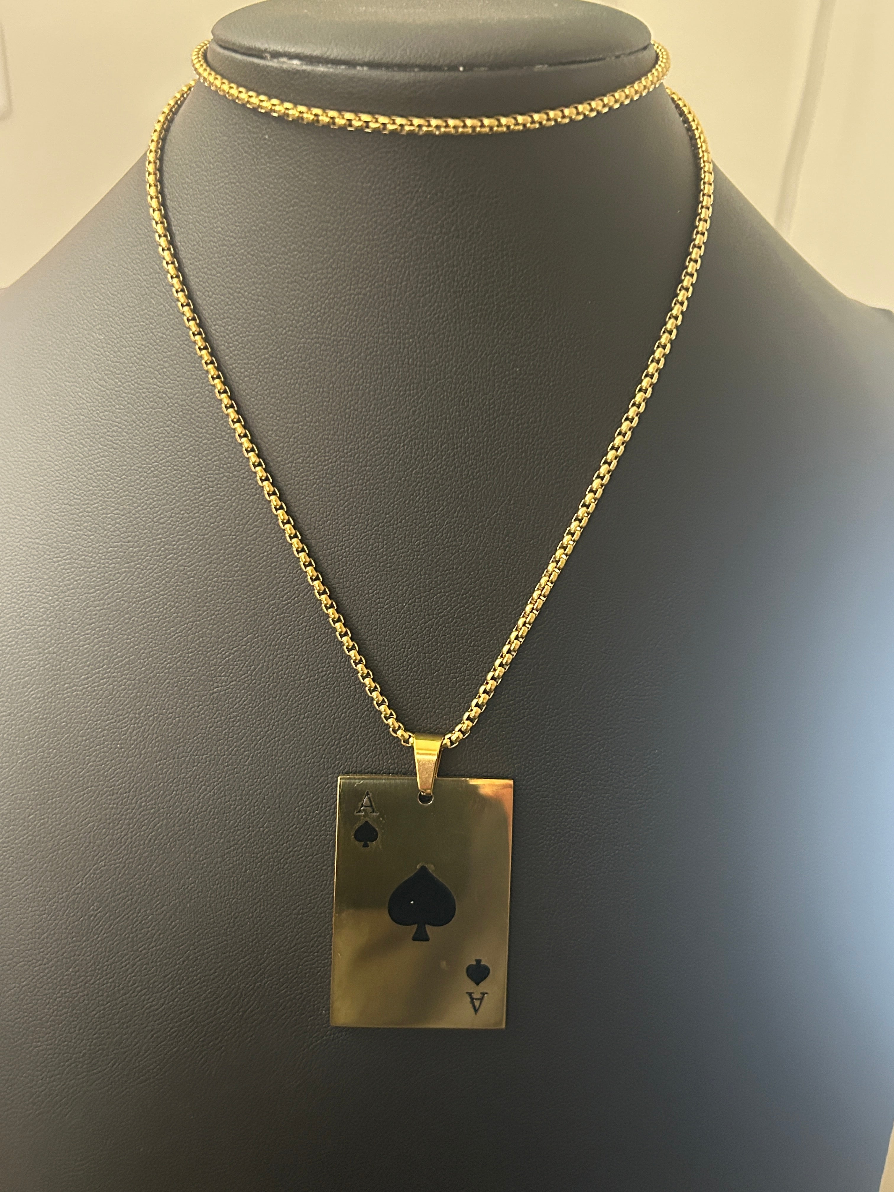 24 Inch Gold Box Chain W/ Gold Large Ace of Spade Pendant