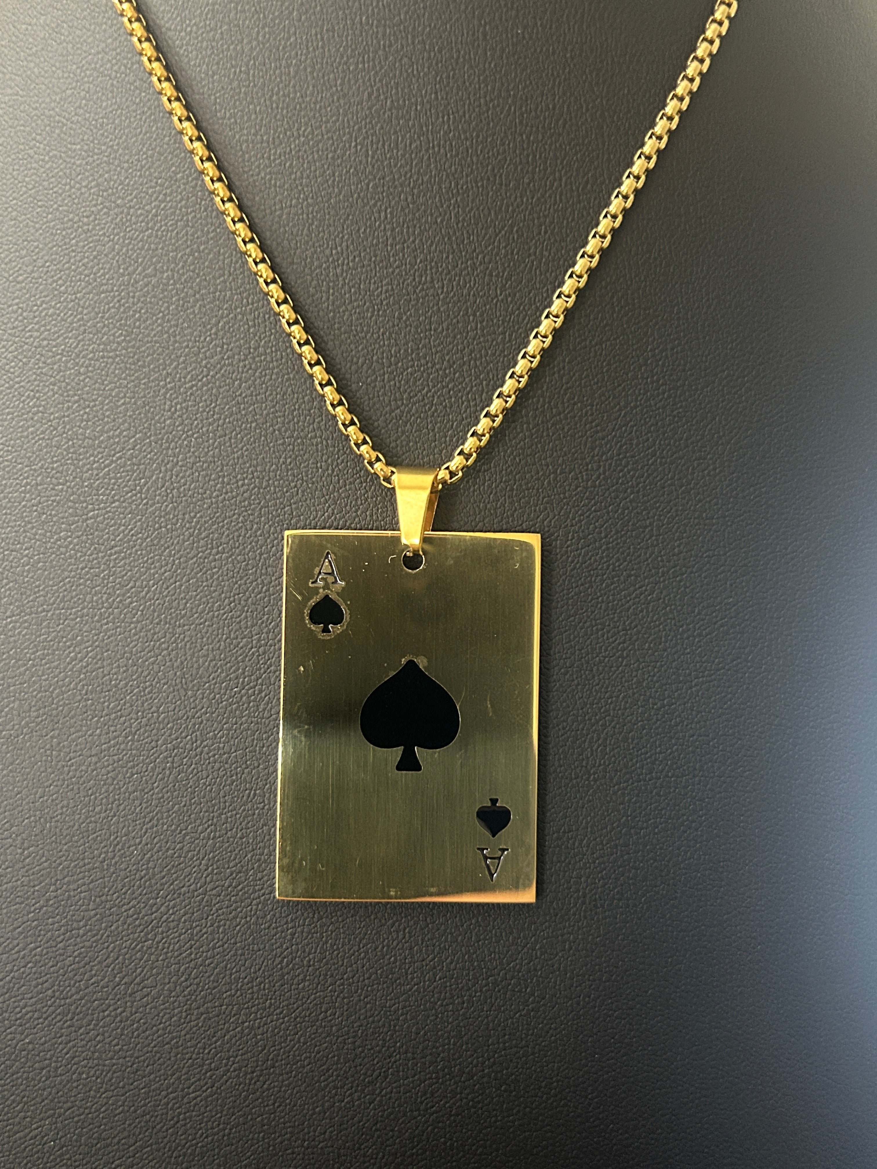24 Inch Gold Box Chain W/ Gold Large Ace of Spade Pendant
