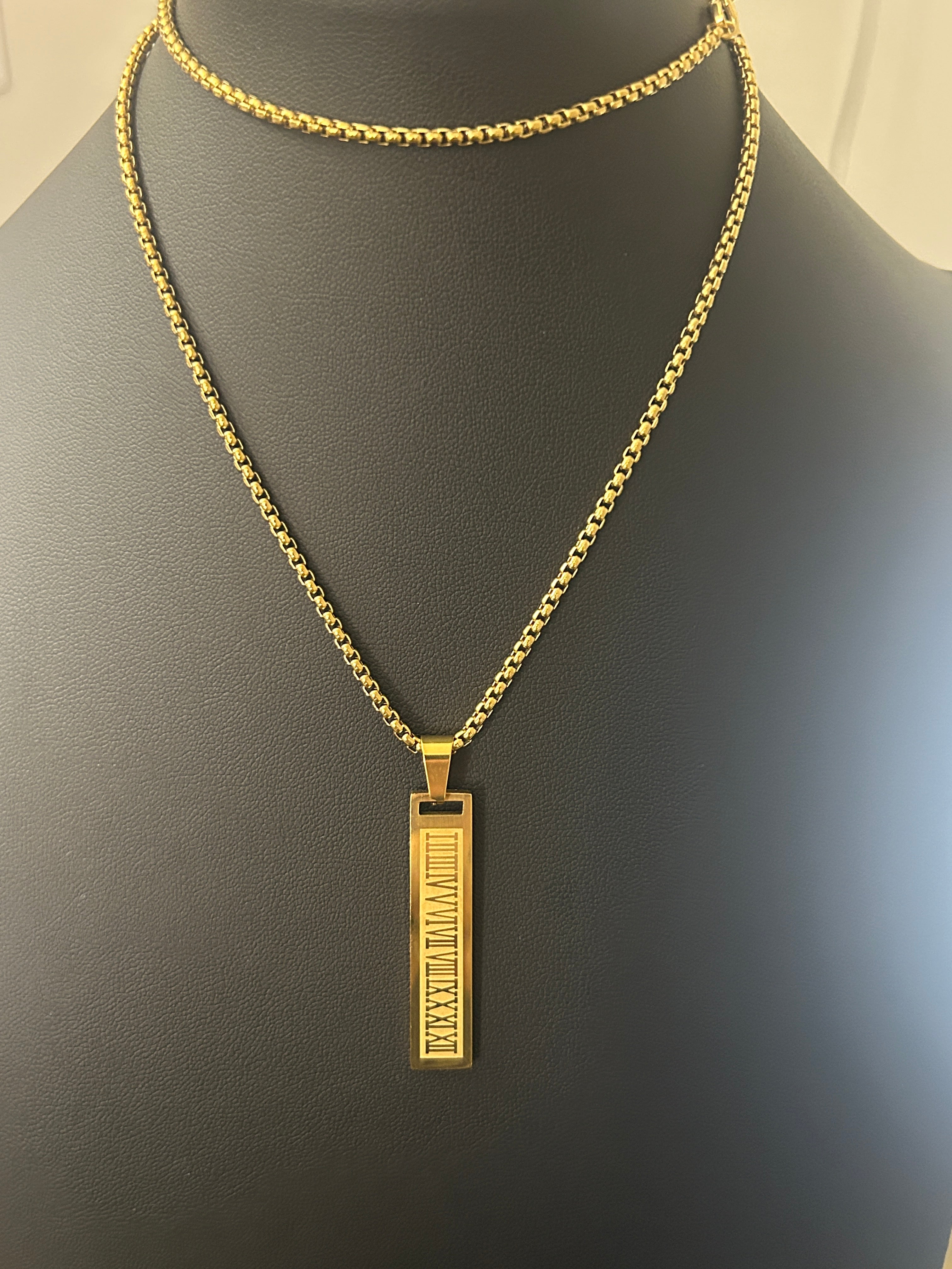 24 Inch Gold Box Chain W/ Gold Roman Numeral Pendant