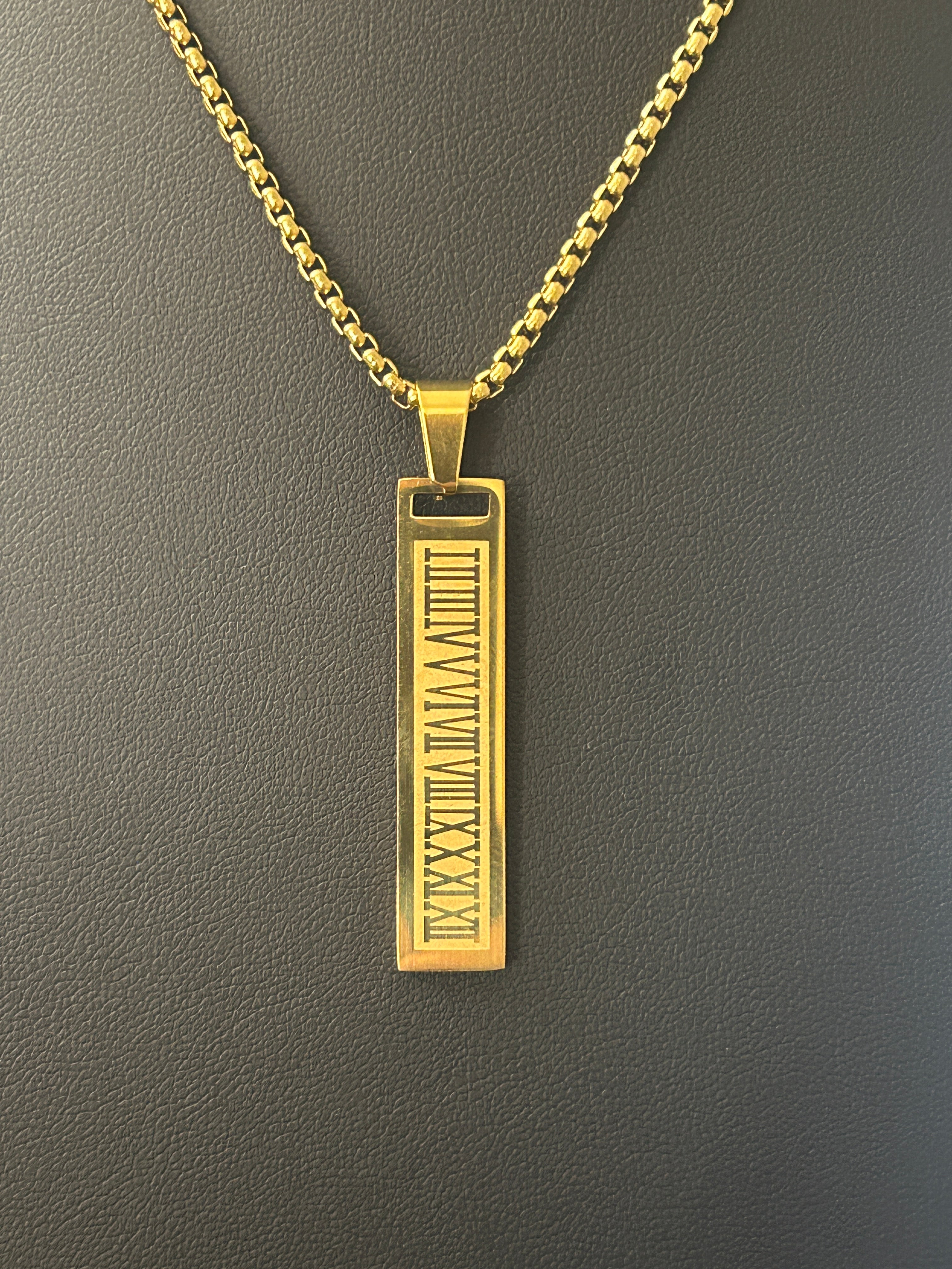 24 Inch Gold Box Chain W/ Gold Roman Numeral Pendant