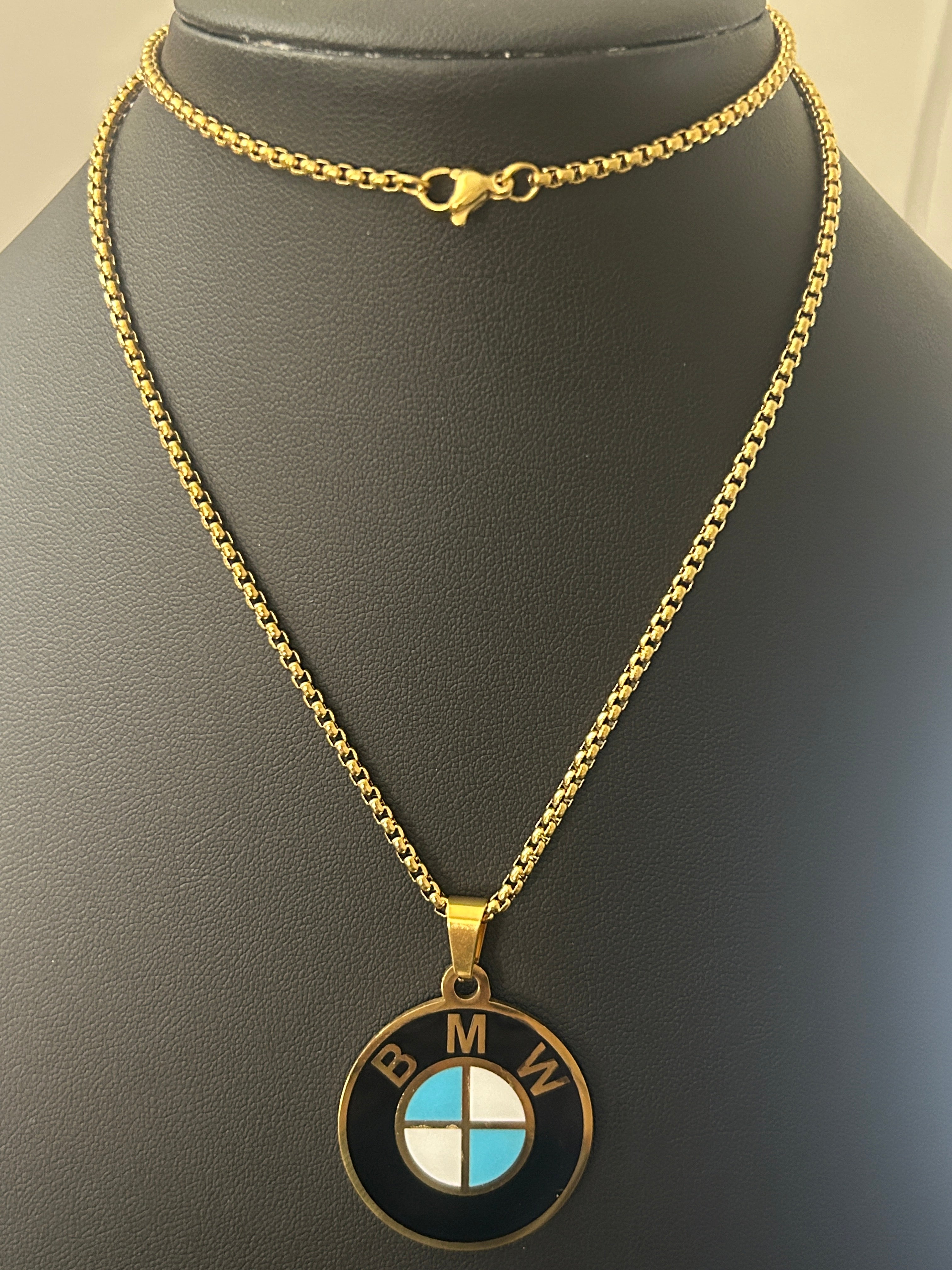 24 Inch Gold Box Chain W/ Gold BMW Pendant