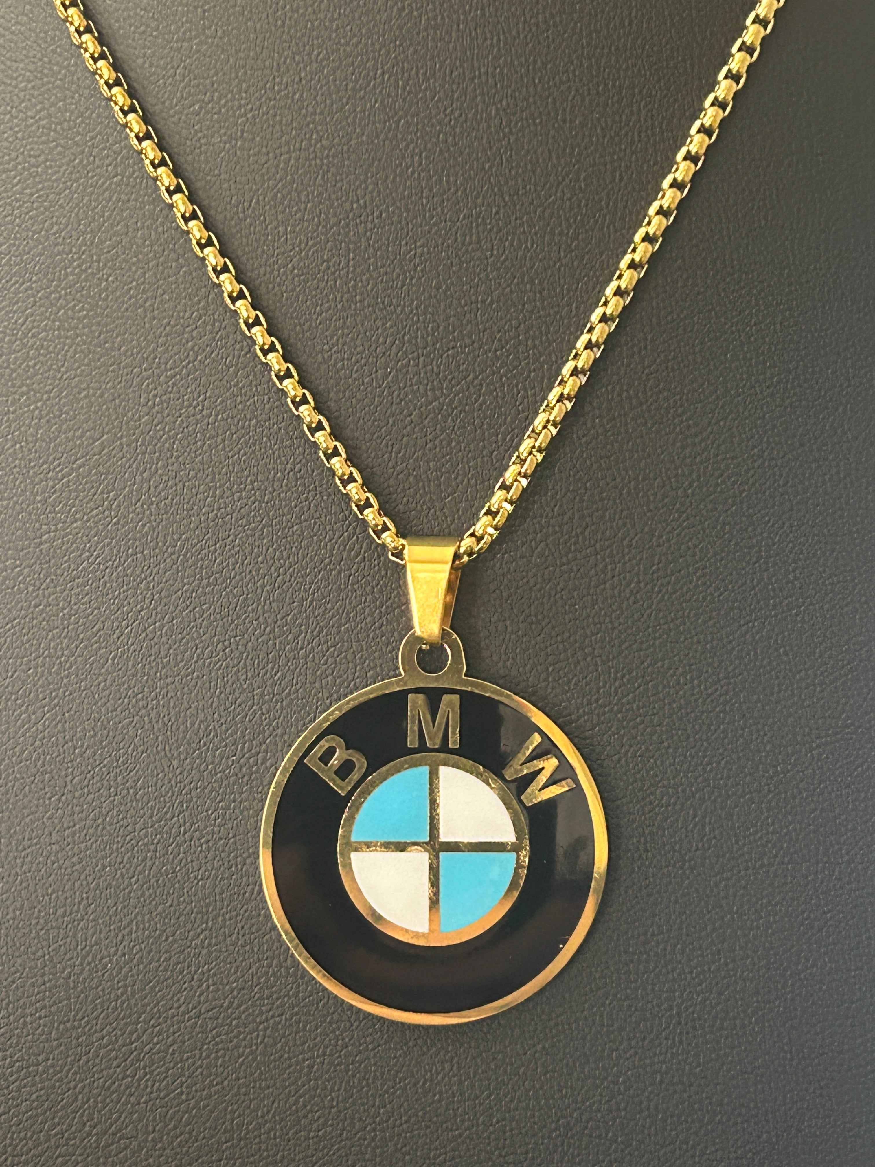 24 Inch Gold Box Chain W/ Gold BMW Pendant