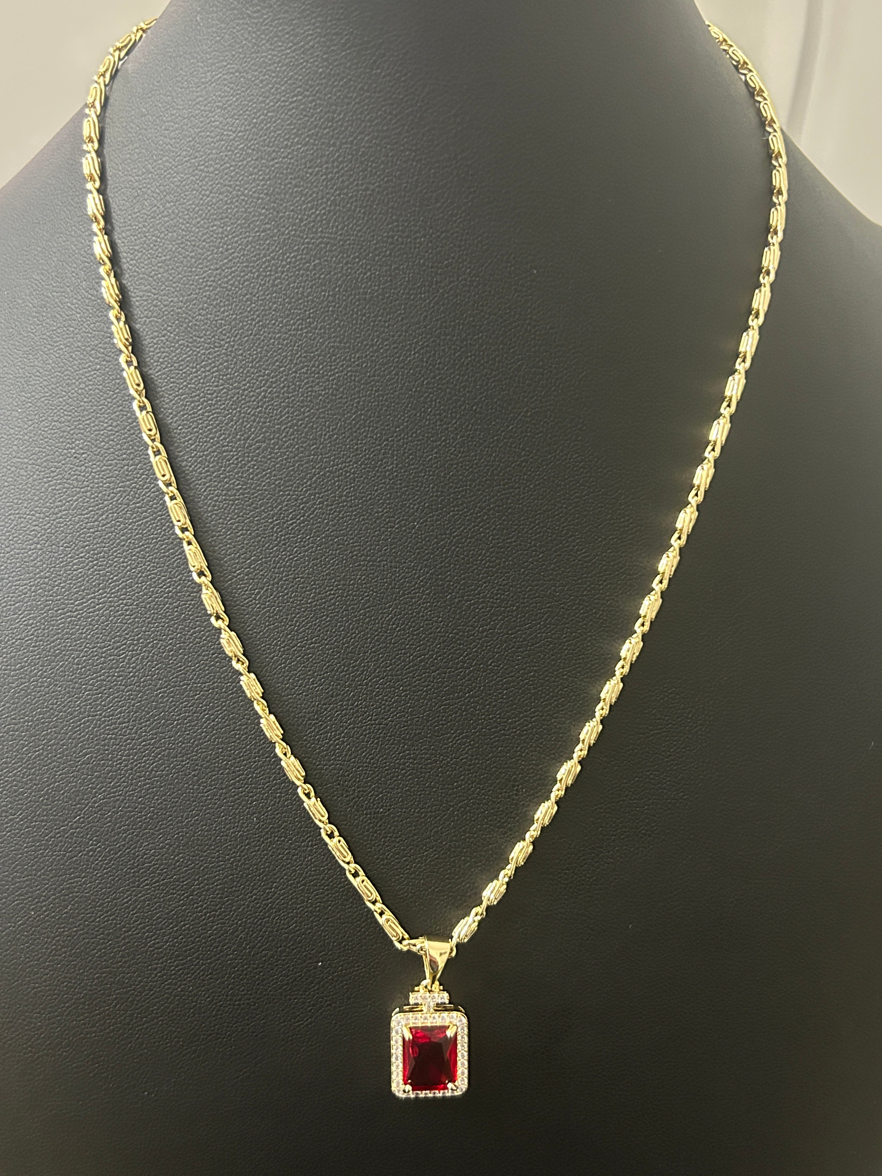 14k Gold 18 Inch Necklace W/ VVS CZ Red Pendant