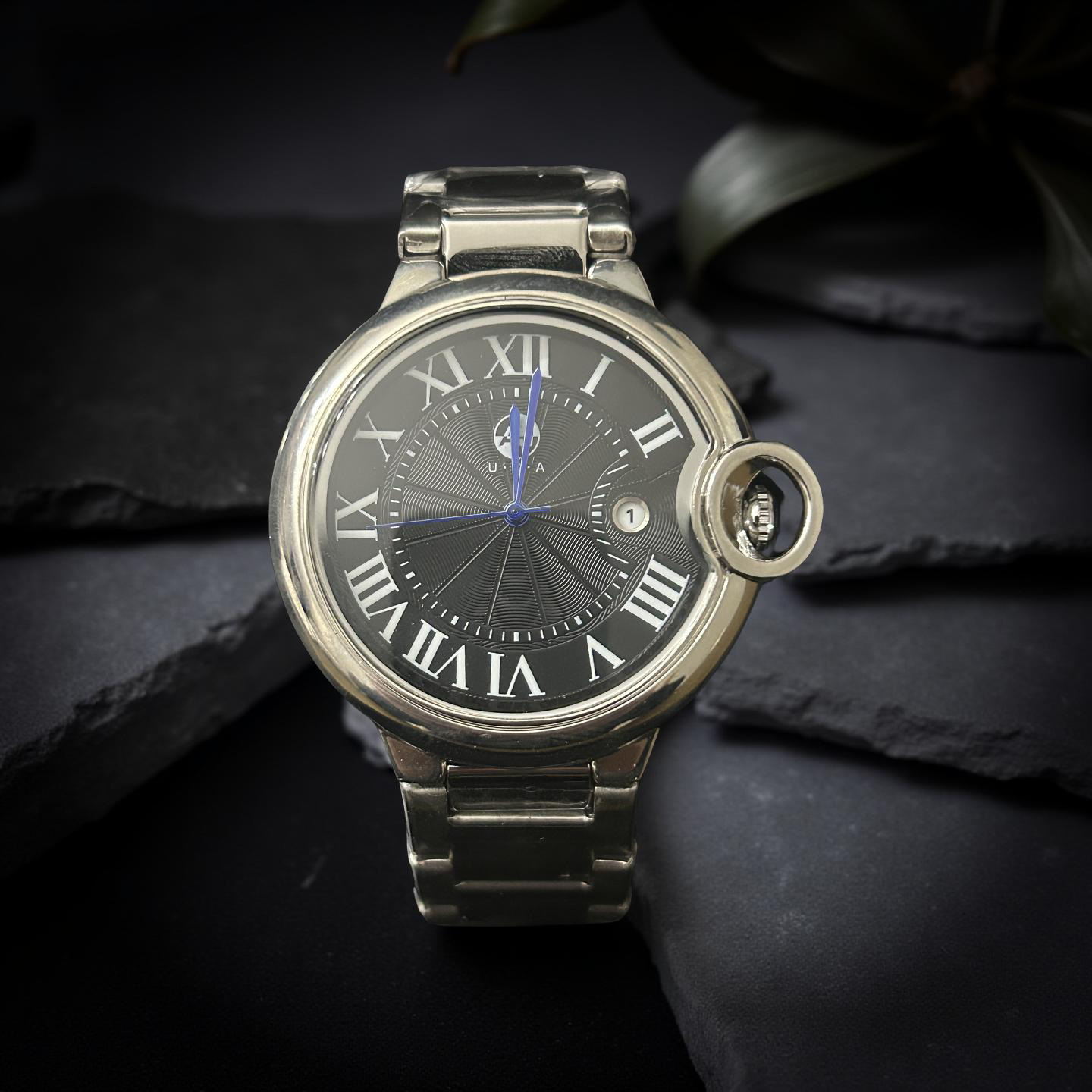 Silver Omega Style 42mm Black Face W/ Blue Hands