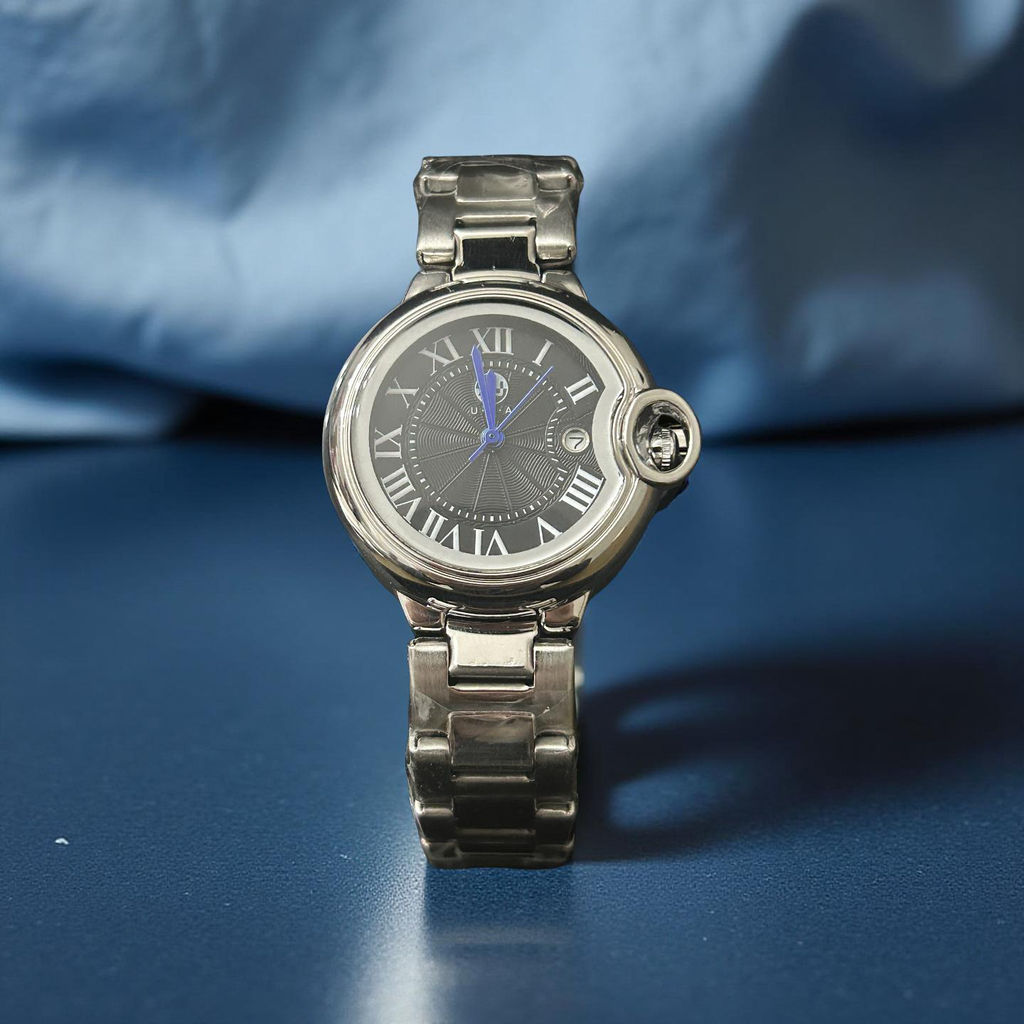 Silver Omega Style 29mm Black Face W/ Blue Hands