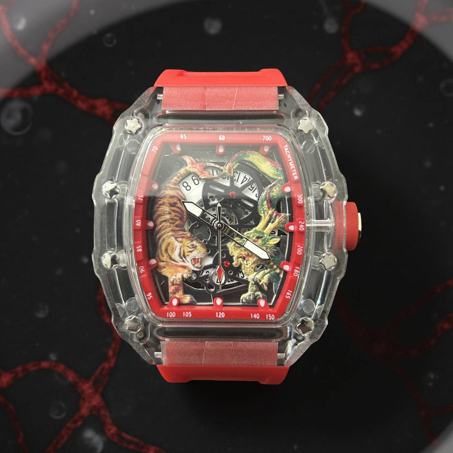 44mm RM Style Skeleton Face W/ Tiger/Dragon W/ Red Band
