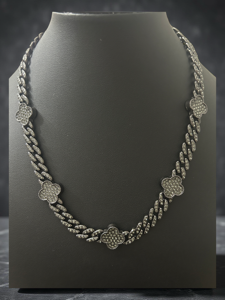 18" Black Stainless Steel Cuban Chain Necklace w/ Iced Out Clovers
