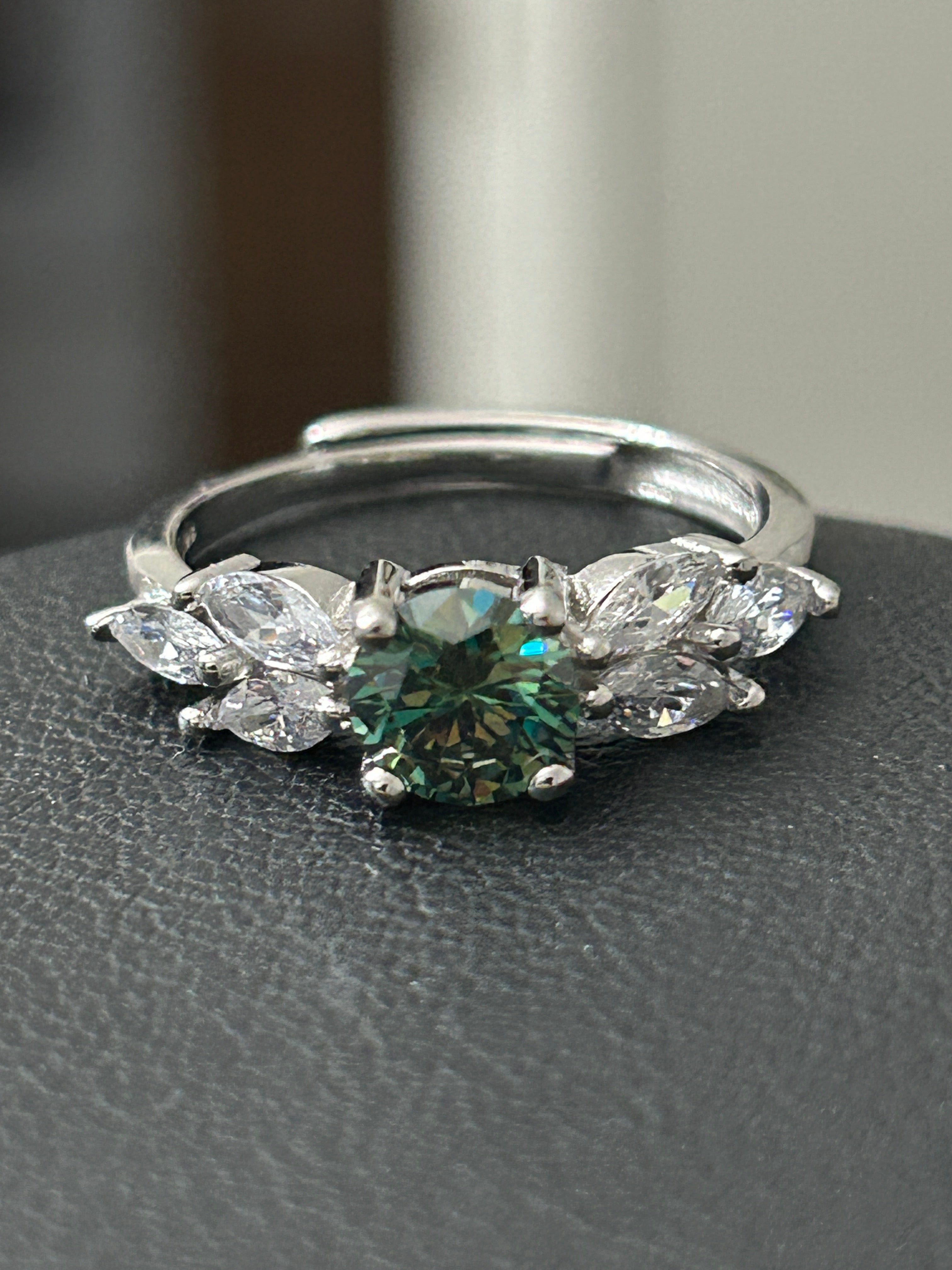 1.0ct Round Brilliant Blue/Green Moissanite Ring Adj. 7-10