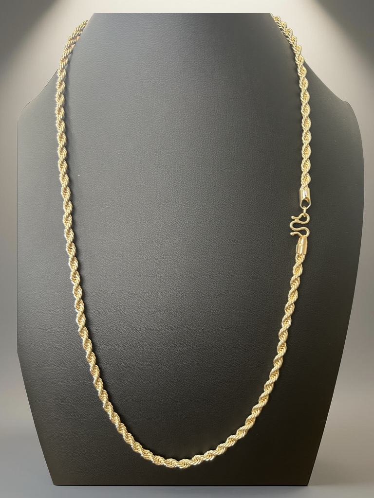 24" 4mm Rope Chain Necklace – 14K Gold Filled in Brass | Classic Rope Link w/ S-Clasp