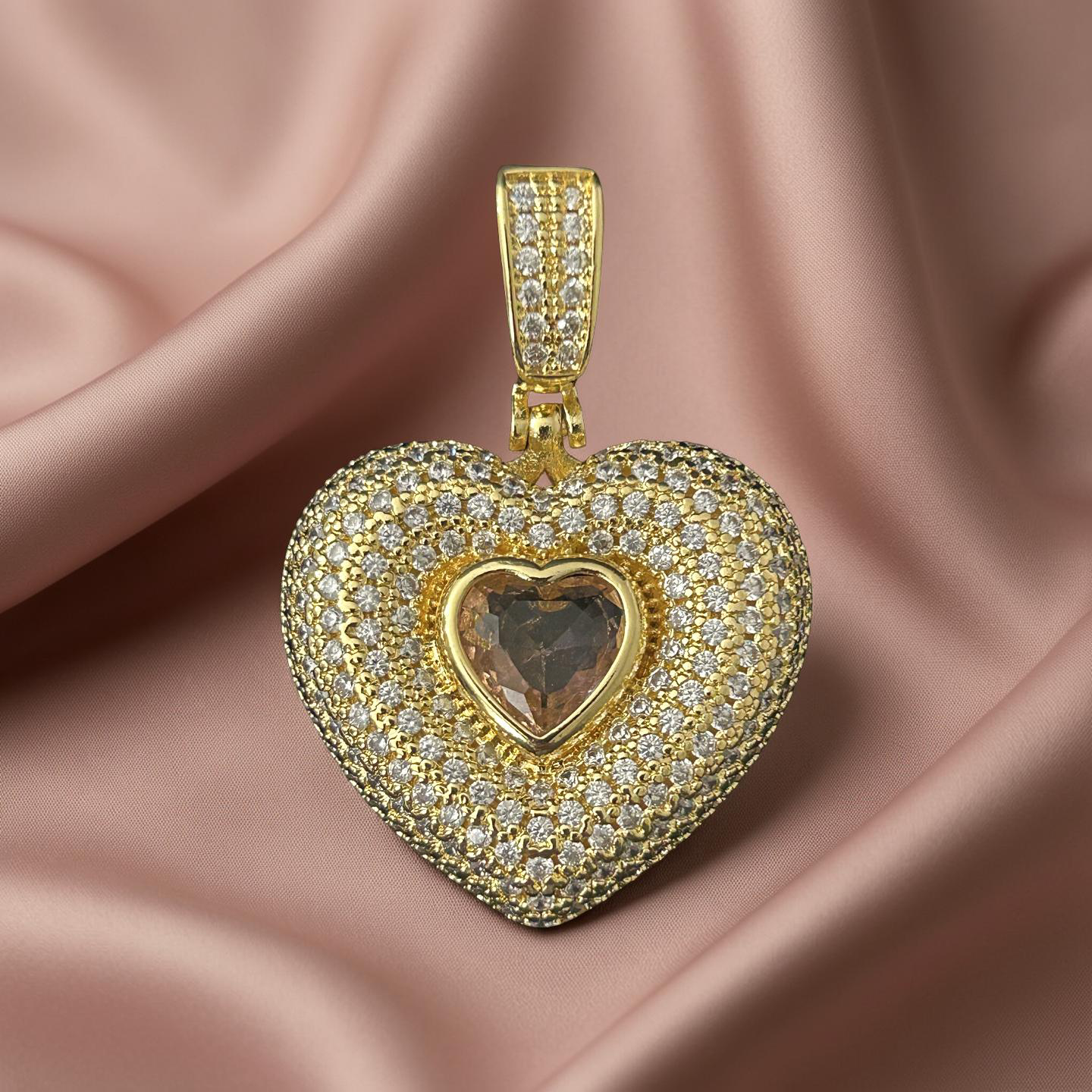 14K Gold Filled VVS CZ Heart Pendant | Pink Center Stone