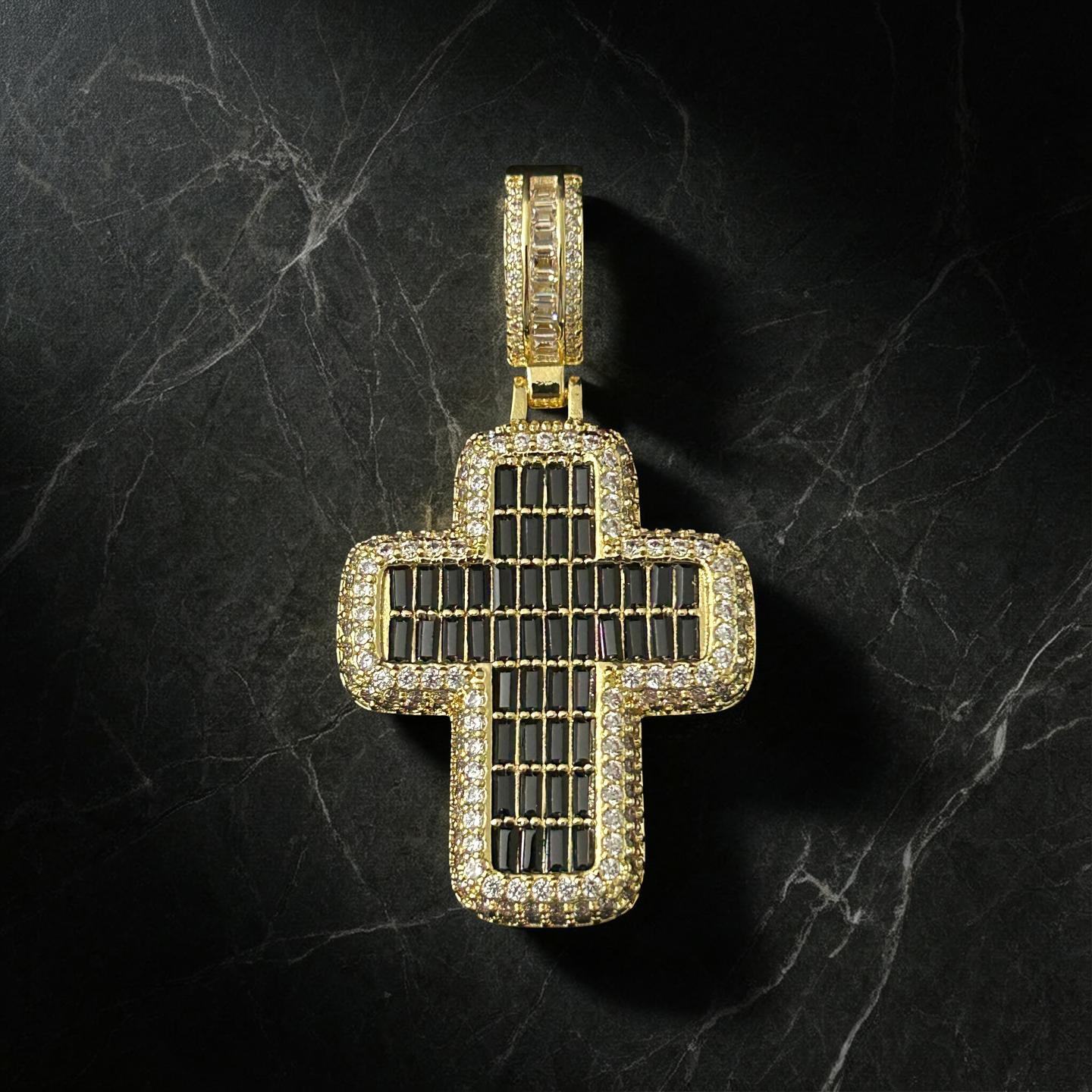 14K Gold VVS CZ Cross W/ Black CZ