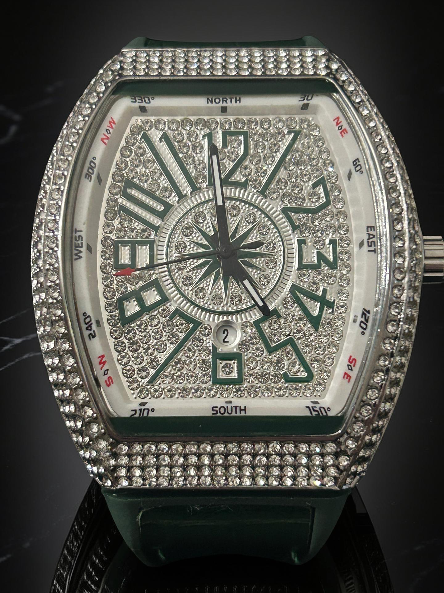 45MM Rectangle CZ Bezel & Face Green Numbers