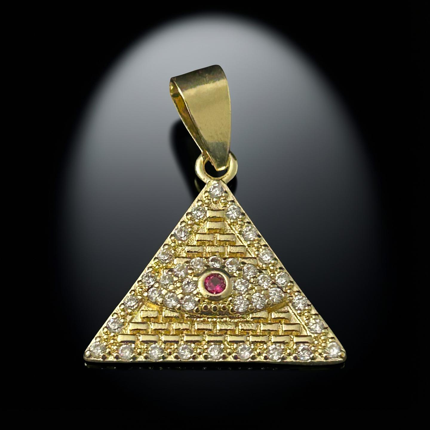 14K Gold VVS CZ Pyramid W/ Red Evil Eye