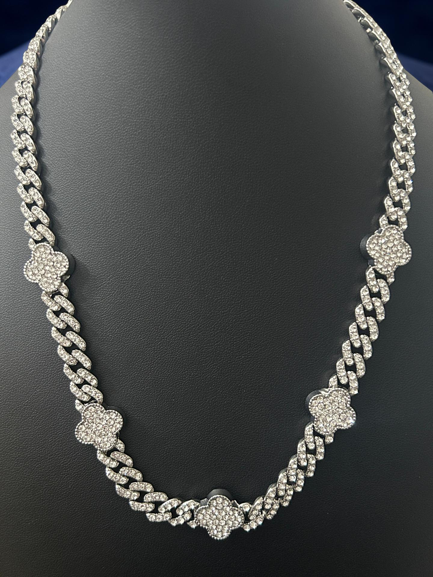 14K White Gold VVS CZ Iced Out 20in Cuban/Clovers