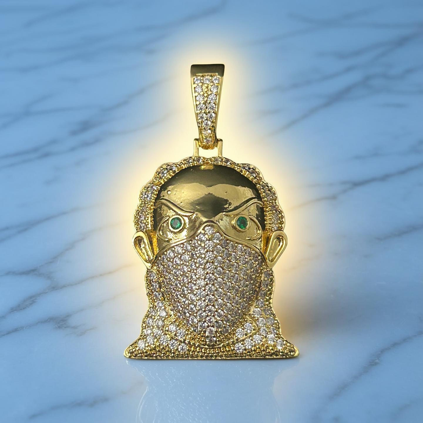 14k Gold VVS CZ Masked Face W/ Green Eyes