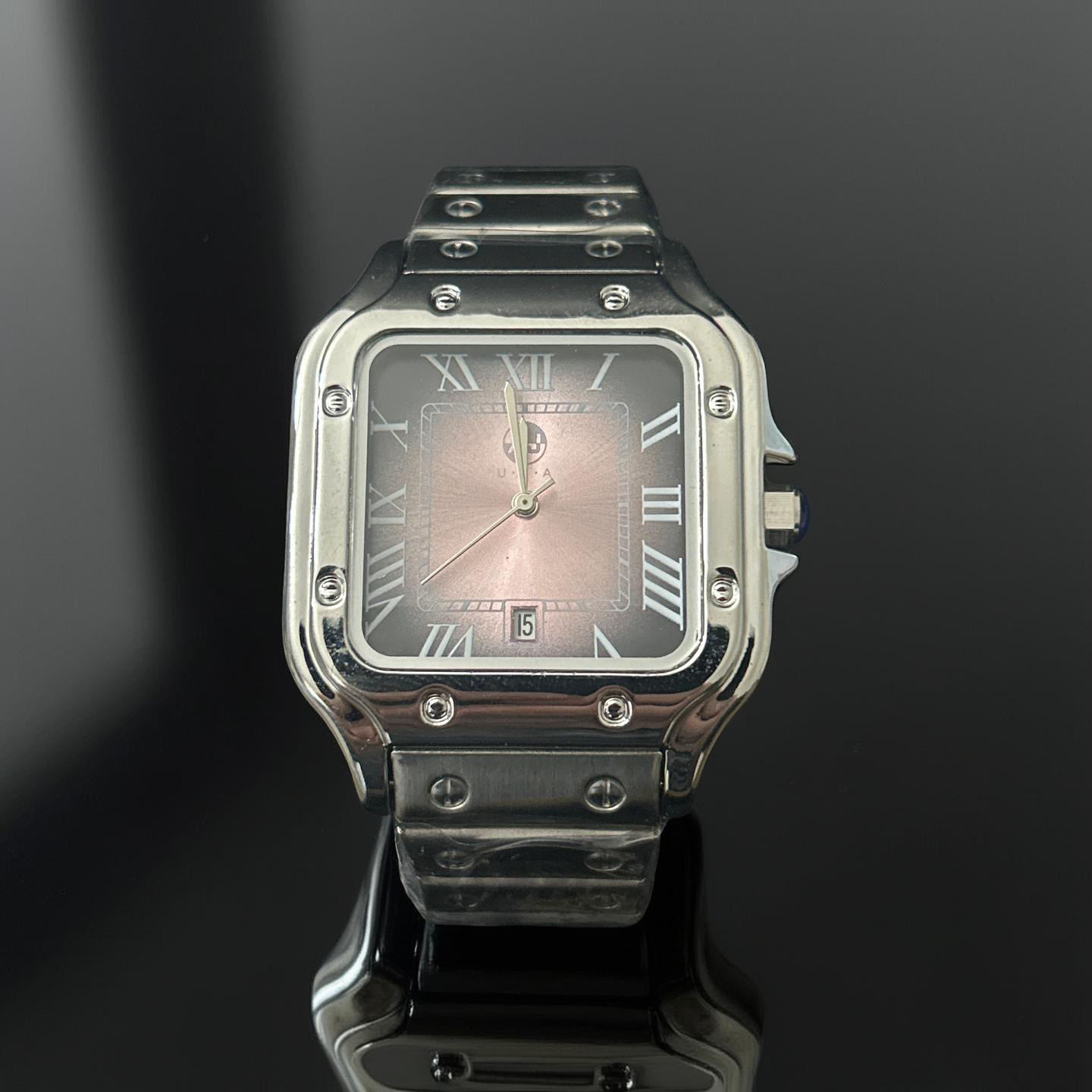 38mm Silver Square Cartier Style Pink/Black Face