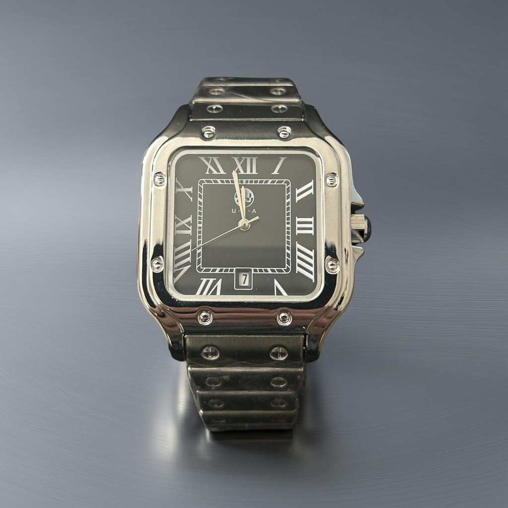 38mm Silver Cartier Style Black Face Square