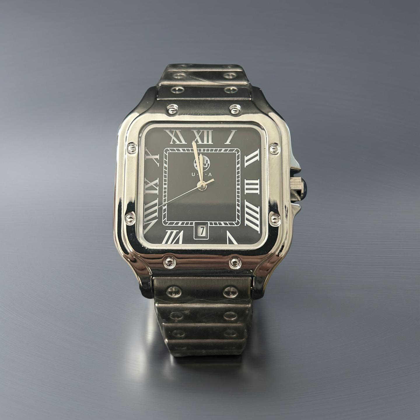 38mm Silver Cartier Style Black Face Square