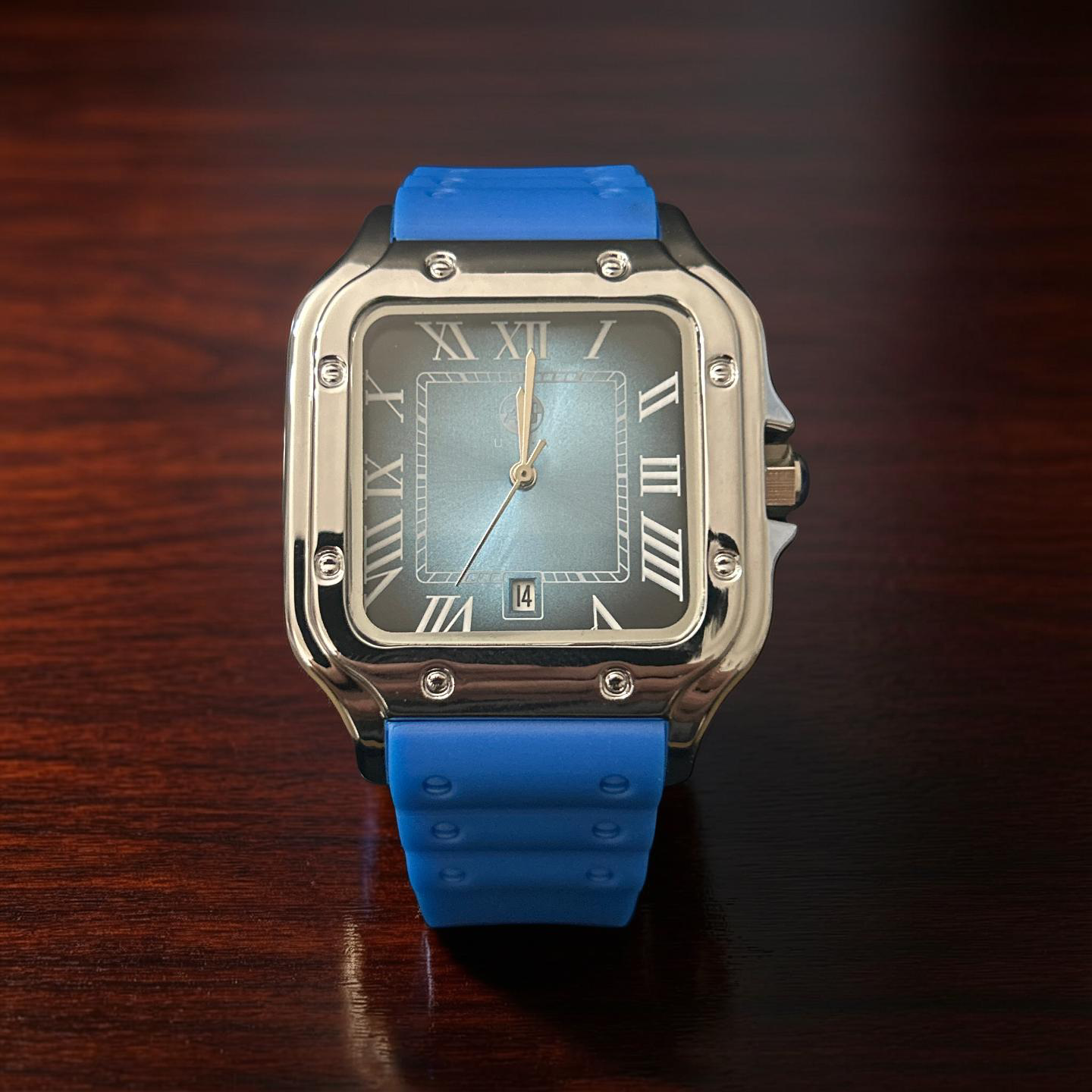 38mm Square Blue/Black Face Blue Rubber Cartier Style
