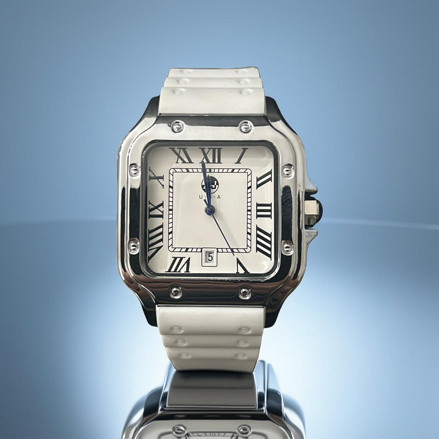 38mm Silver Cartier Style Blue Hands White Face