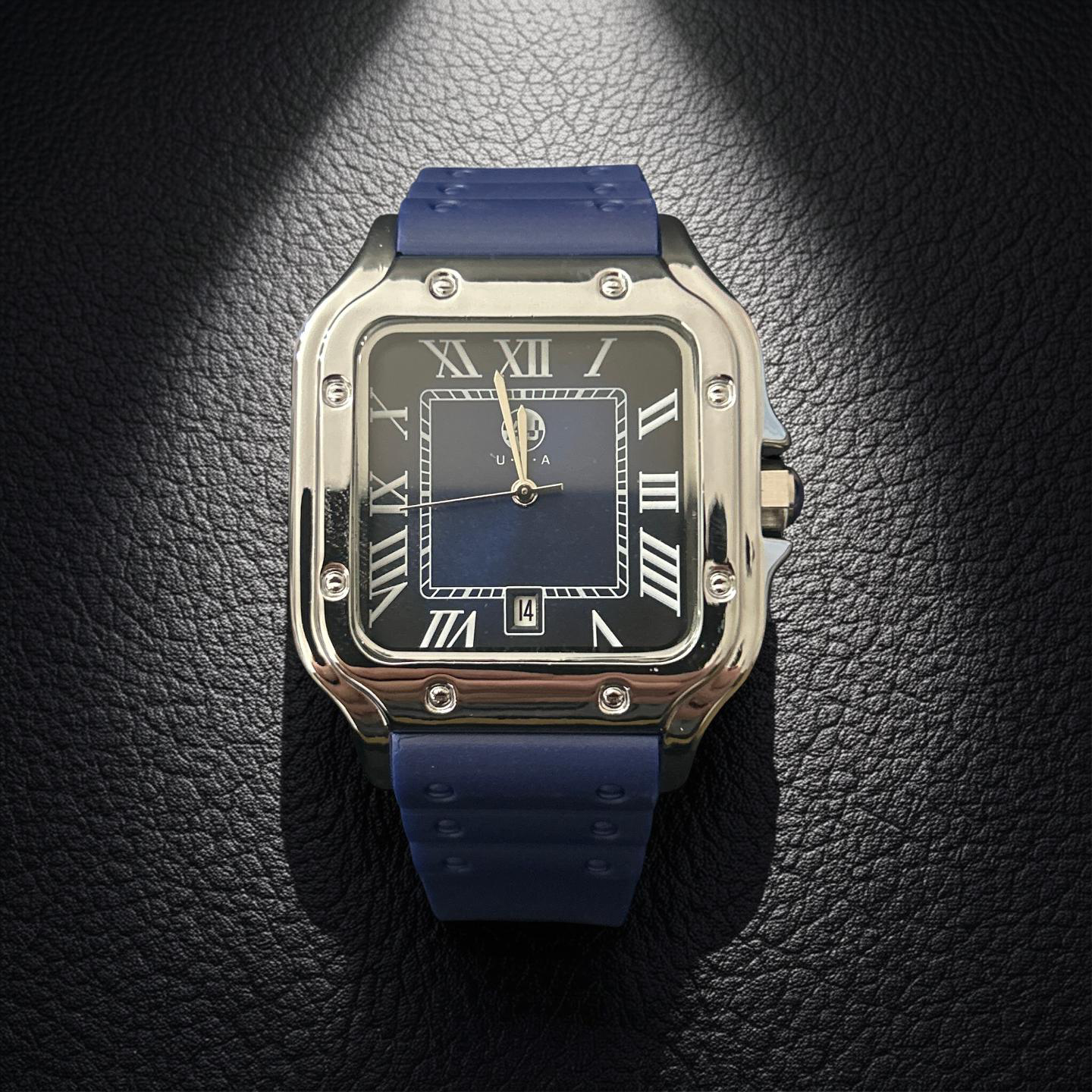 38mm Cartier Style Black/Blue Face Rubber Band