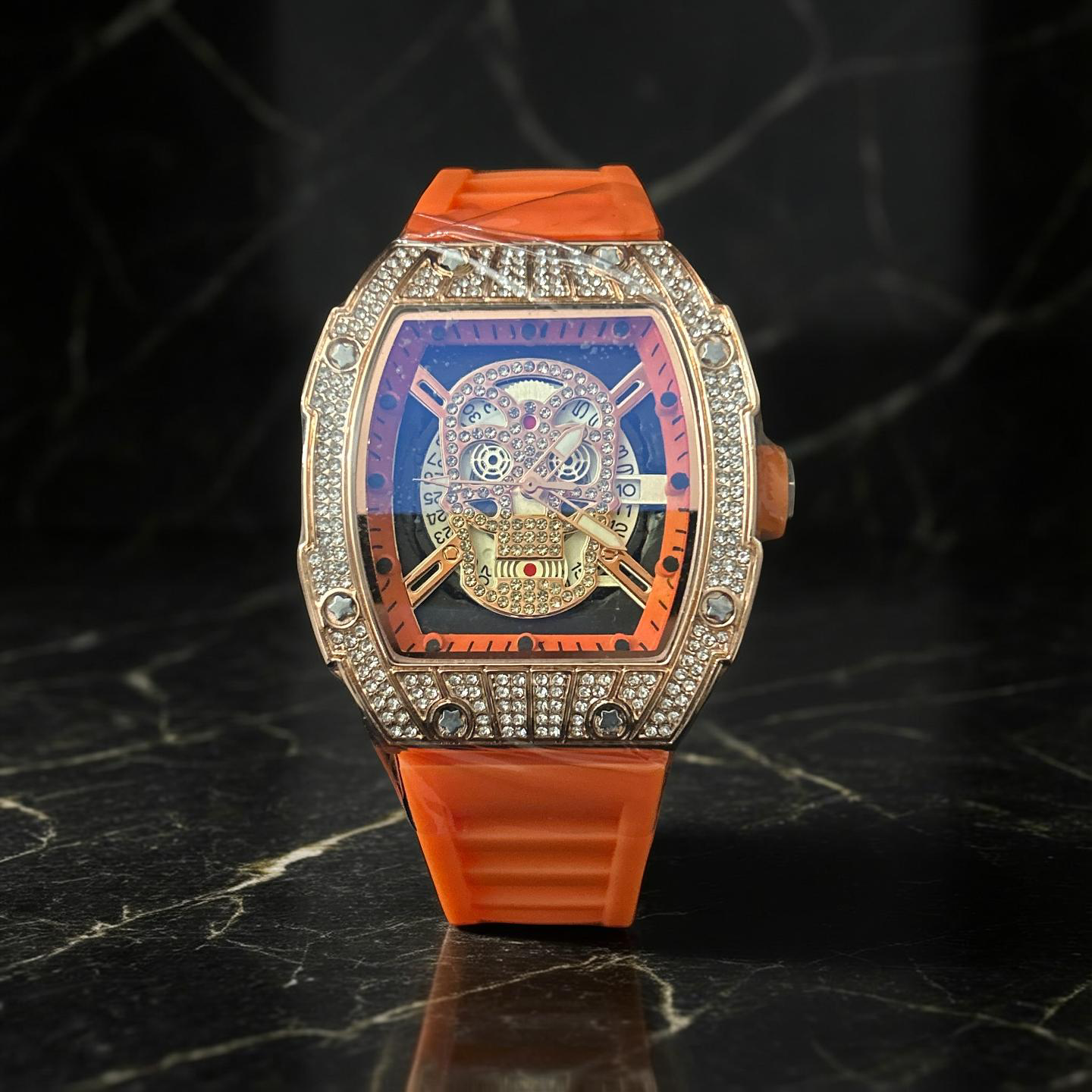 Rose Gold VVS CZ Orange Band Skeleton Face RM Style