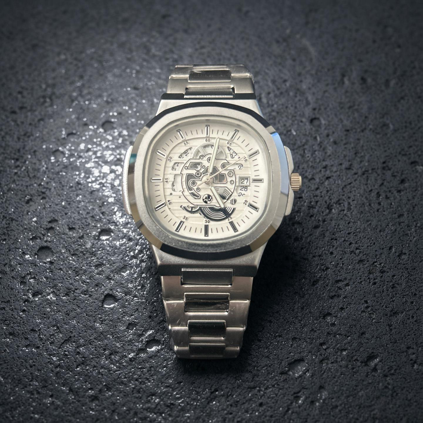 Silver Skeleton Face Patek Philippe Style 42mm