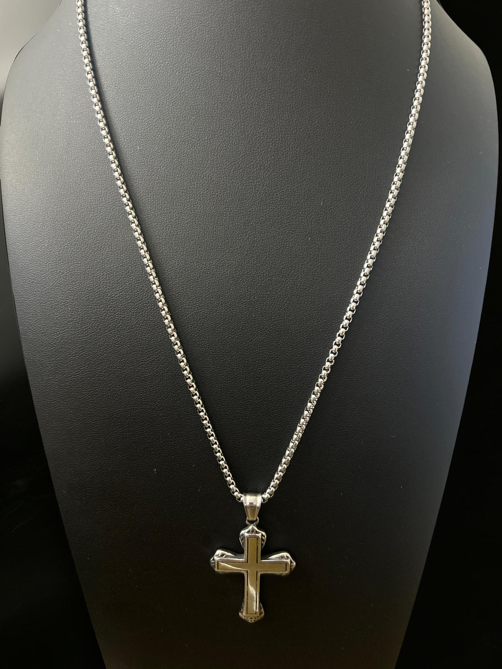 22 Inch Stainless Box Chain W/ Stainless Cross