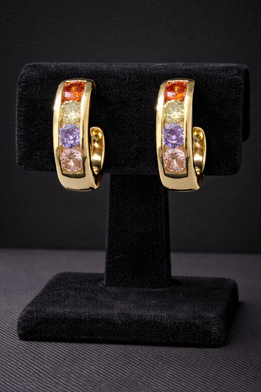 Multicolor VVS CZ Huggie Hoop Earrings – 14K Gold Filled Rainbow Stone Hoops