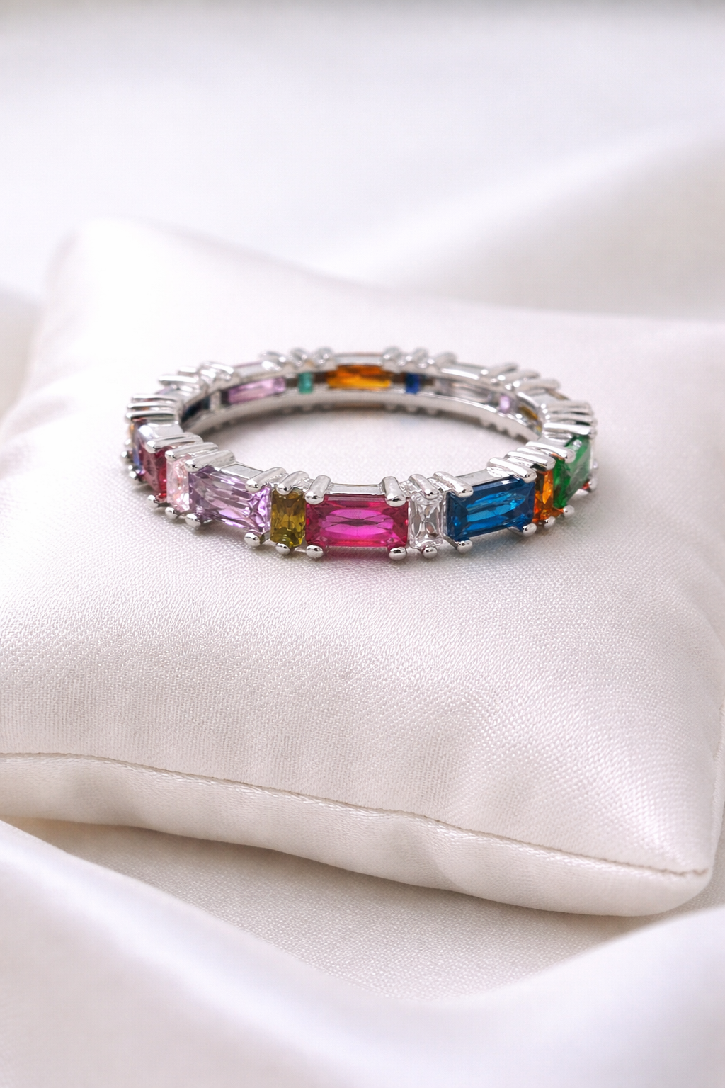 VVS CZ Multicolor Eternity Ring – 14K White Gold Filled Size 8 Baguette Stone Band
