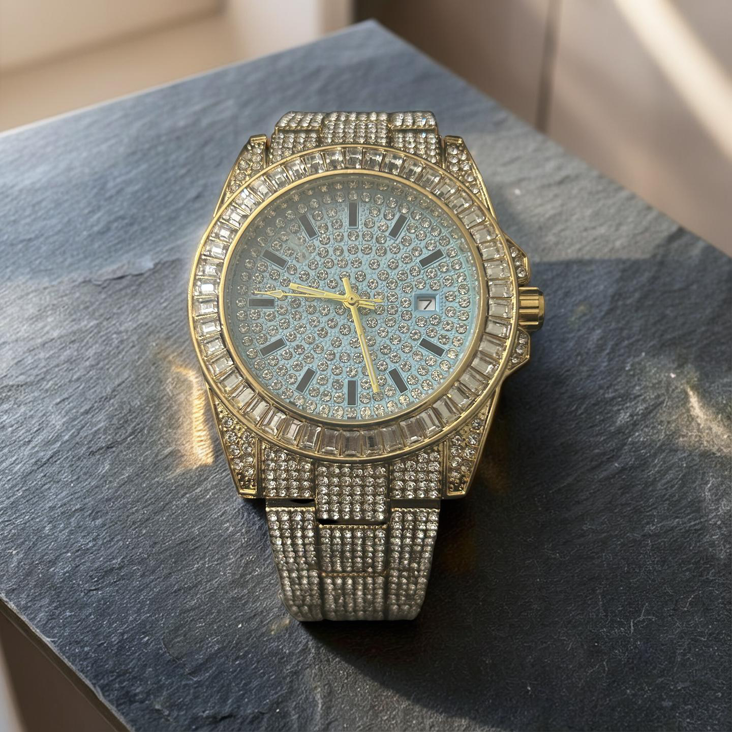 42mm Iced Out VVS CZ Watch – Gold Stainless Steel Tiffany Blue Face Hip Hop Timepiece
